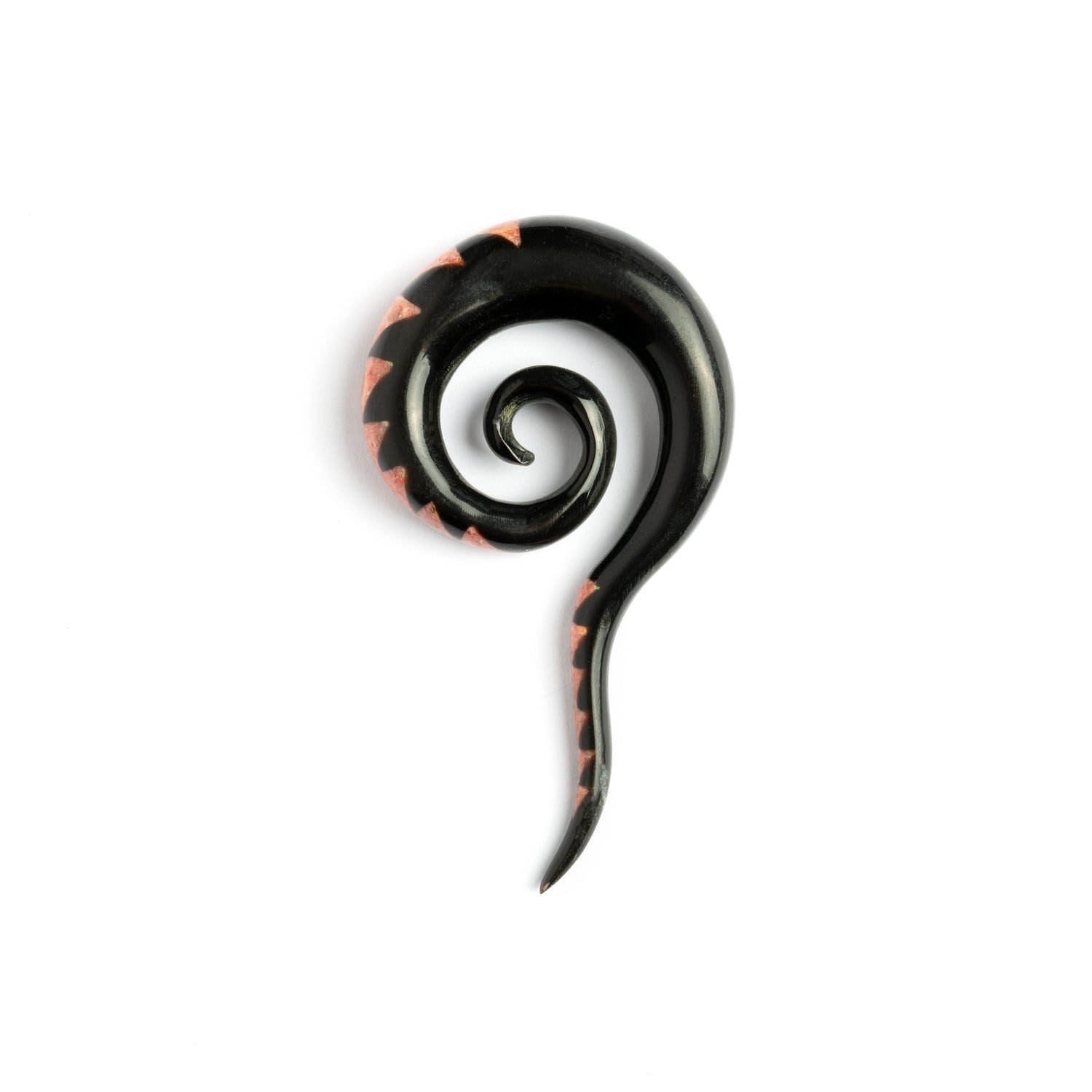 single spiral long hook ear stretcher with pattern of coral inlay triangles side view