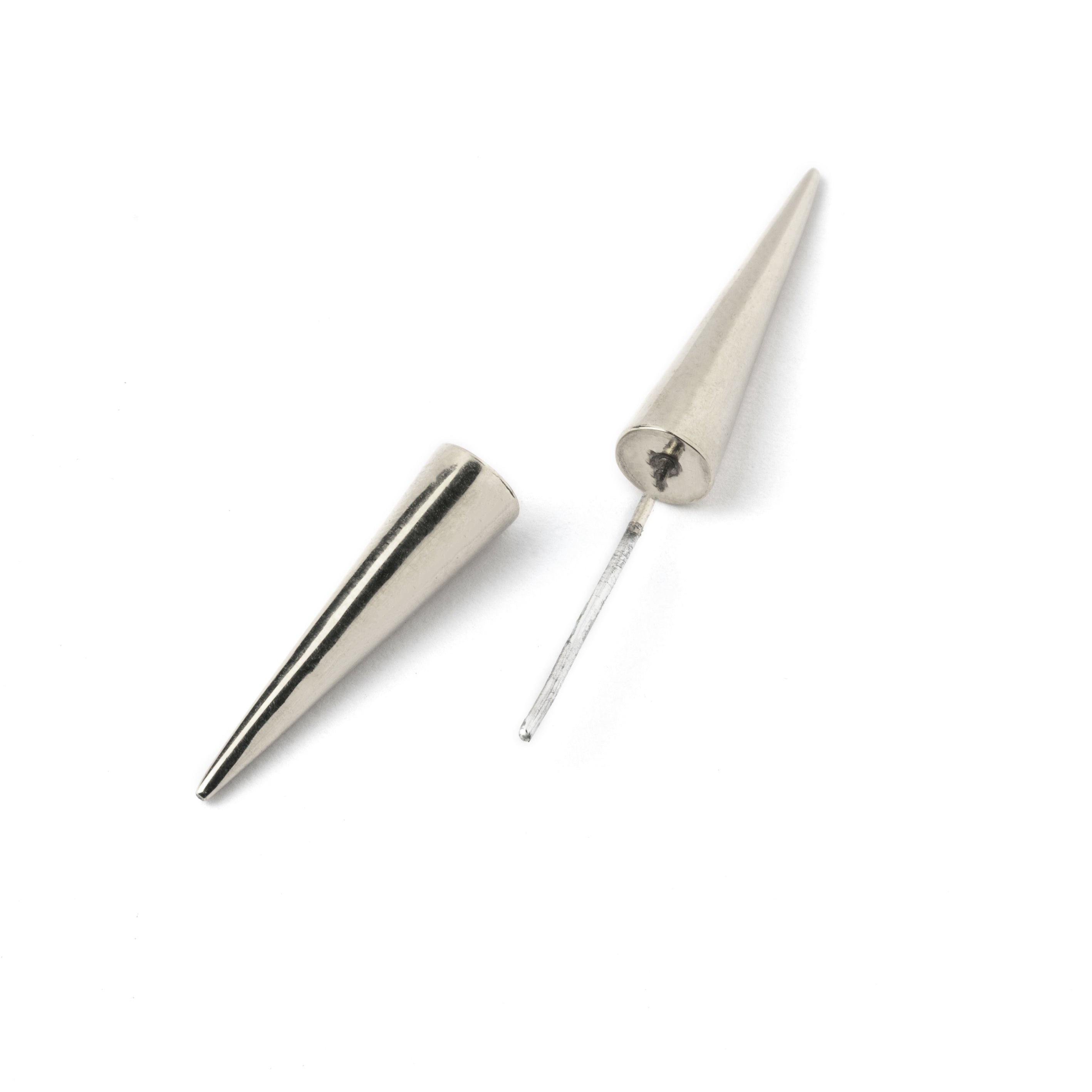 single straight double sided spike earring made out of Sterling Silver closure view