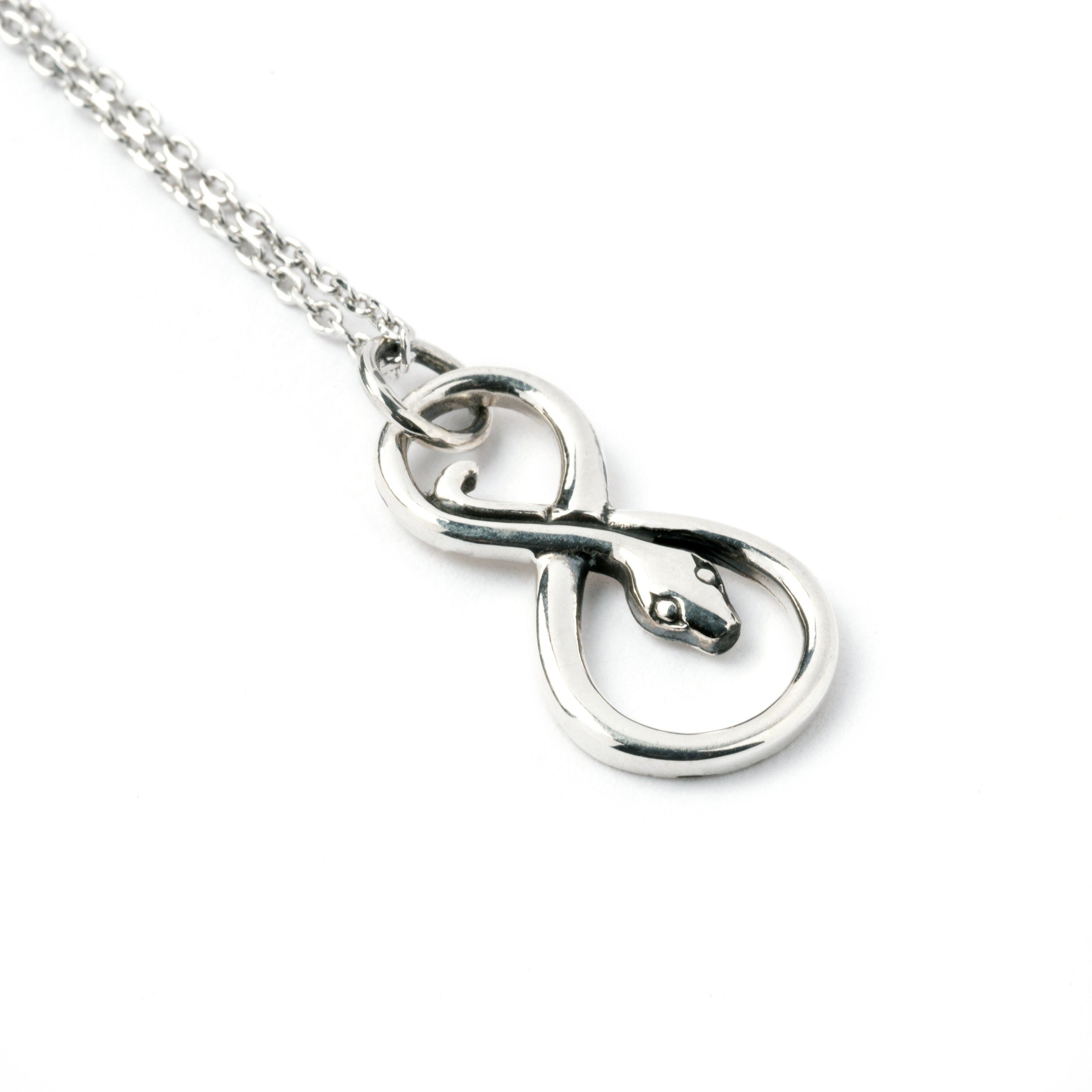 Infinity Silver Snake Charm necklace left side view