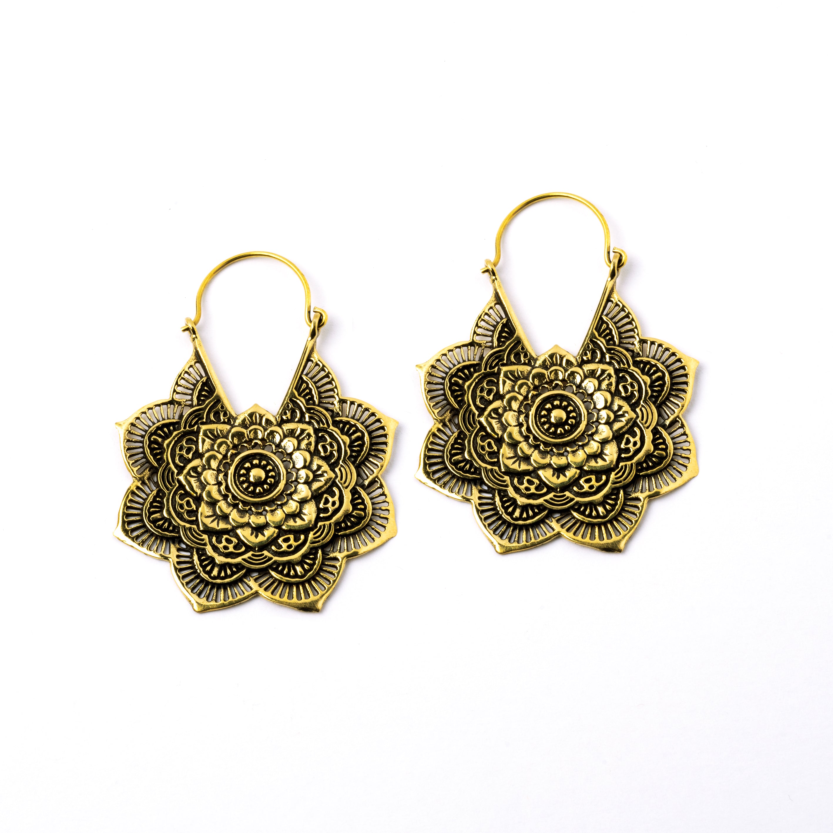 pair of golden brass carved layered flower mandala earrings frontal view