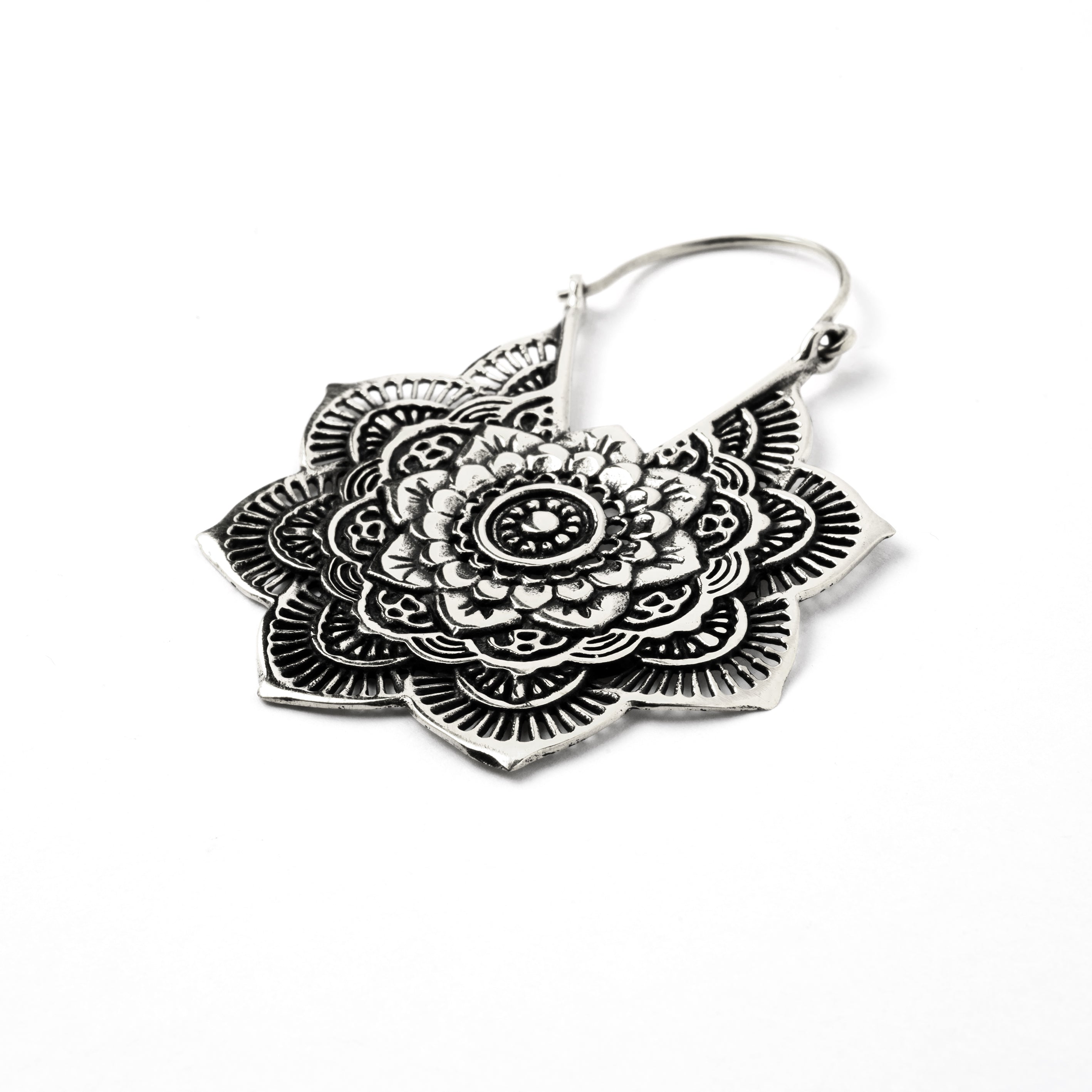 single white brass carved layered flower mandala earrings left side view