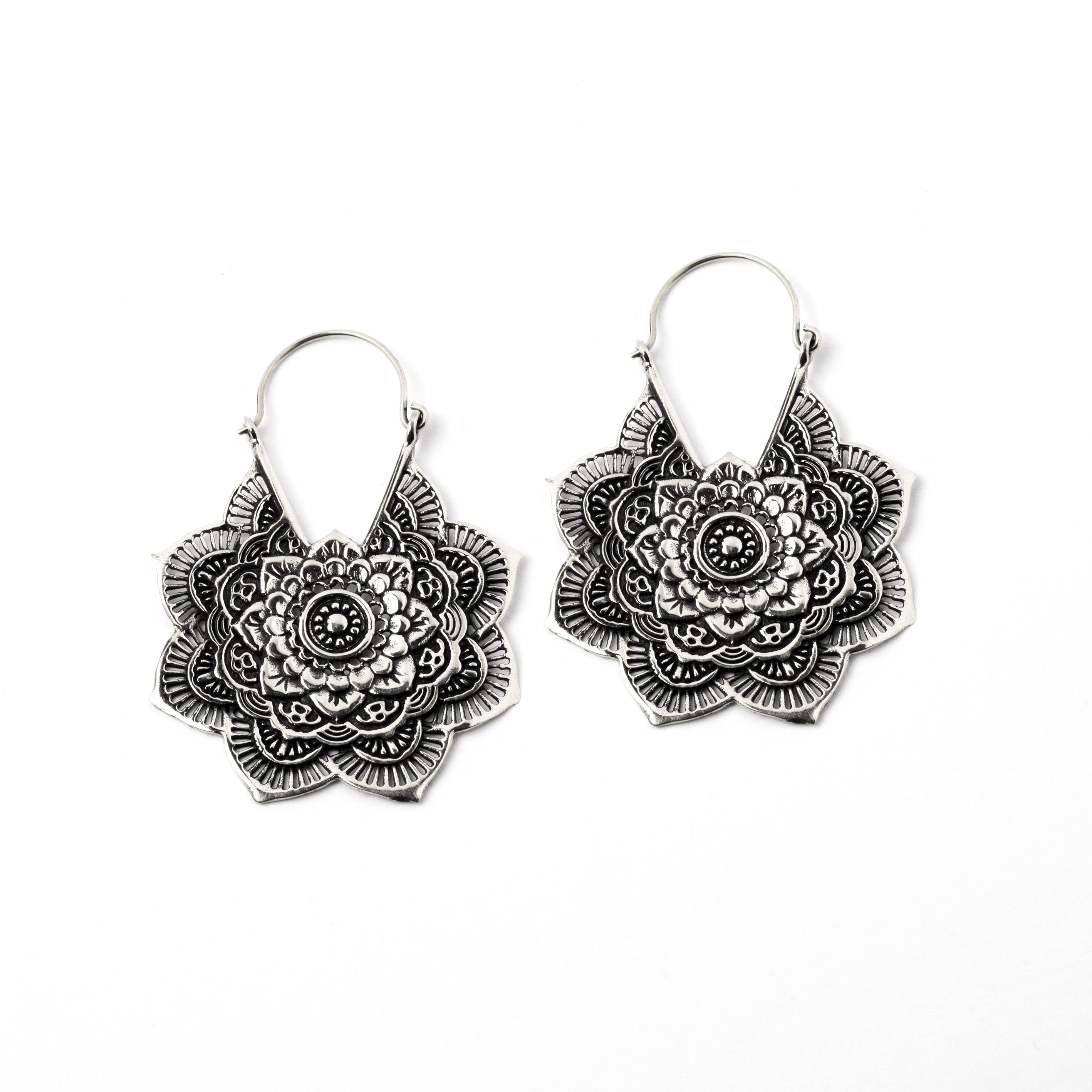 pair of white brass carved layered flower mandala earrings frontal view