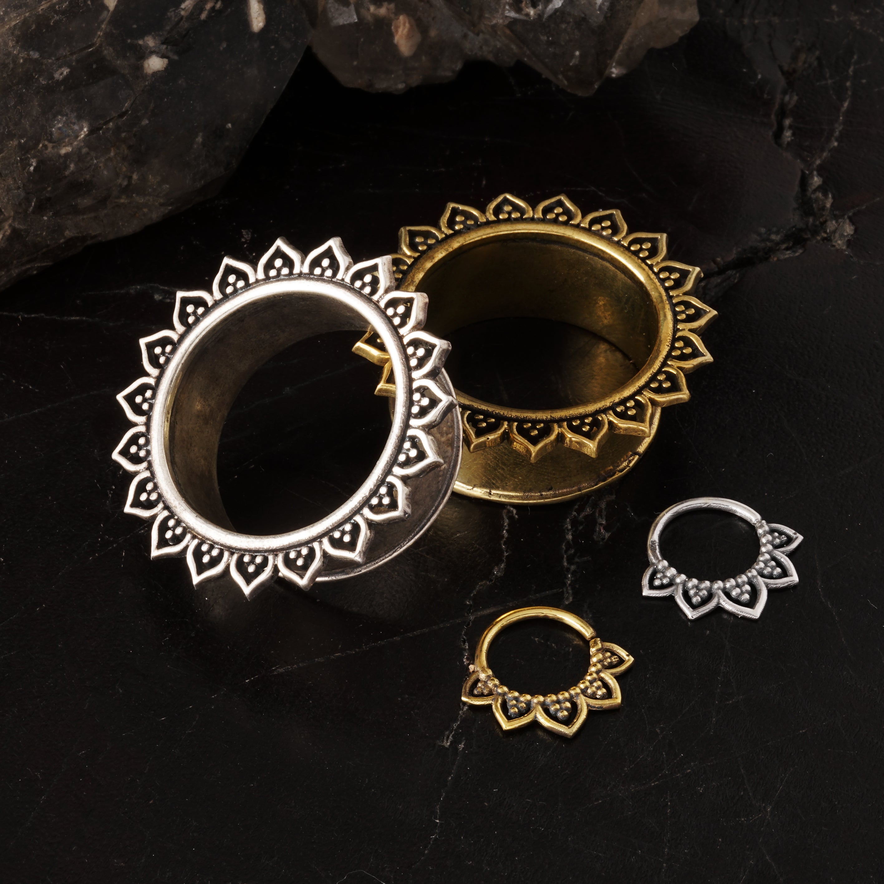 Iriya Lotus Petals Silver and brass Tunnels with matching septums