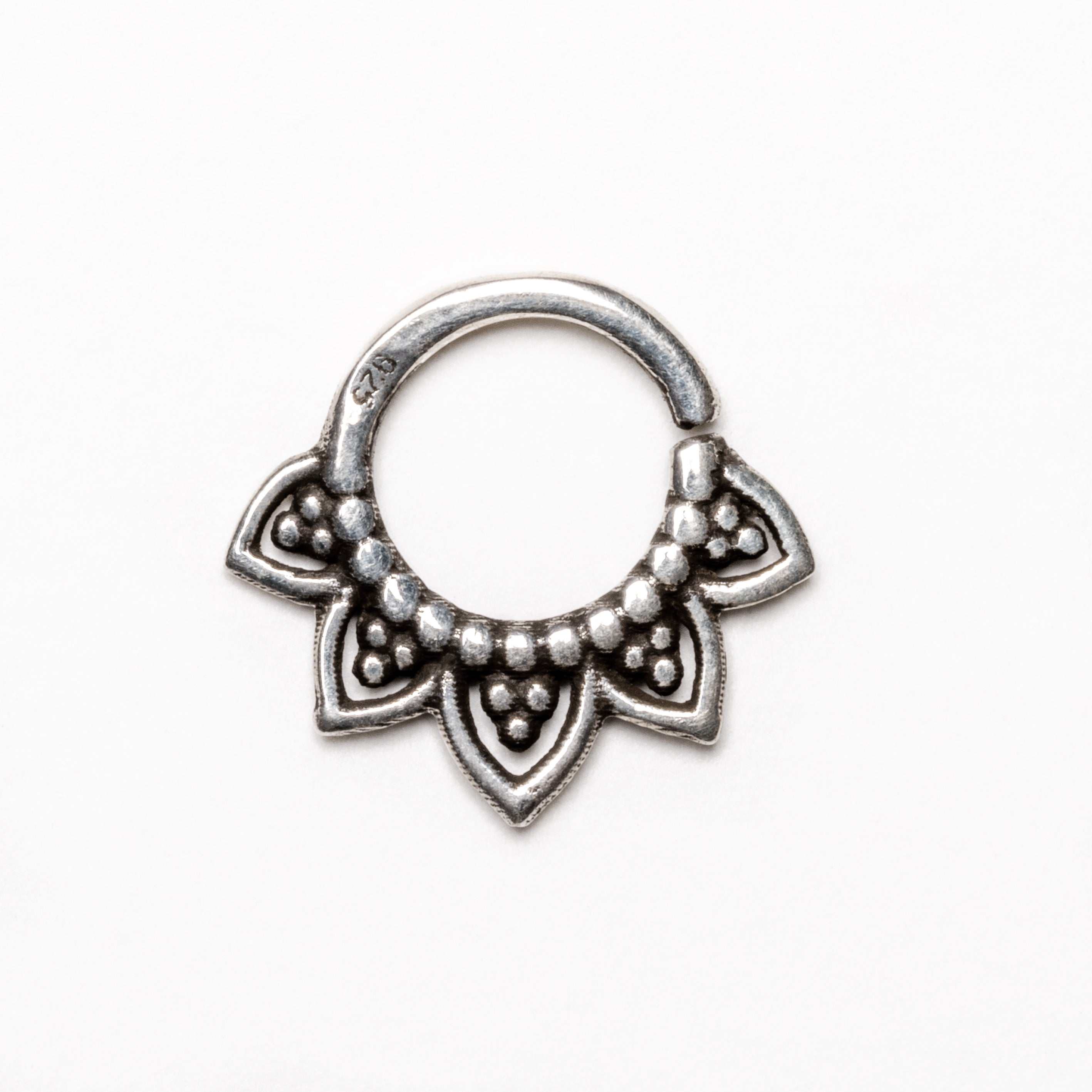 Iriya silver open lotus shape septum ring frontal view