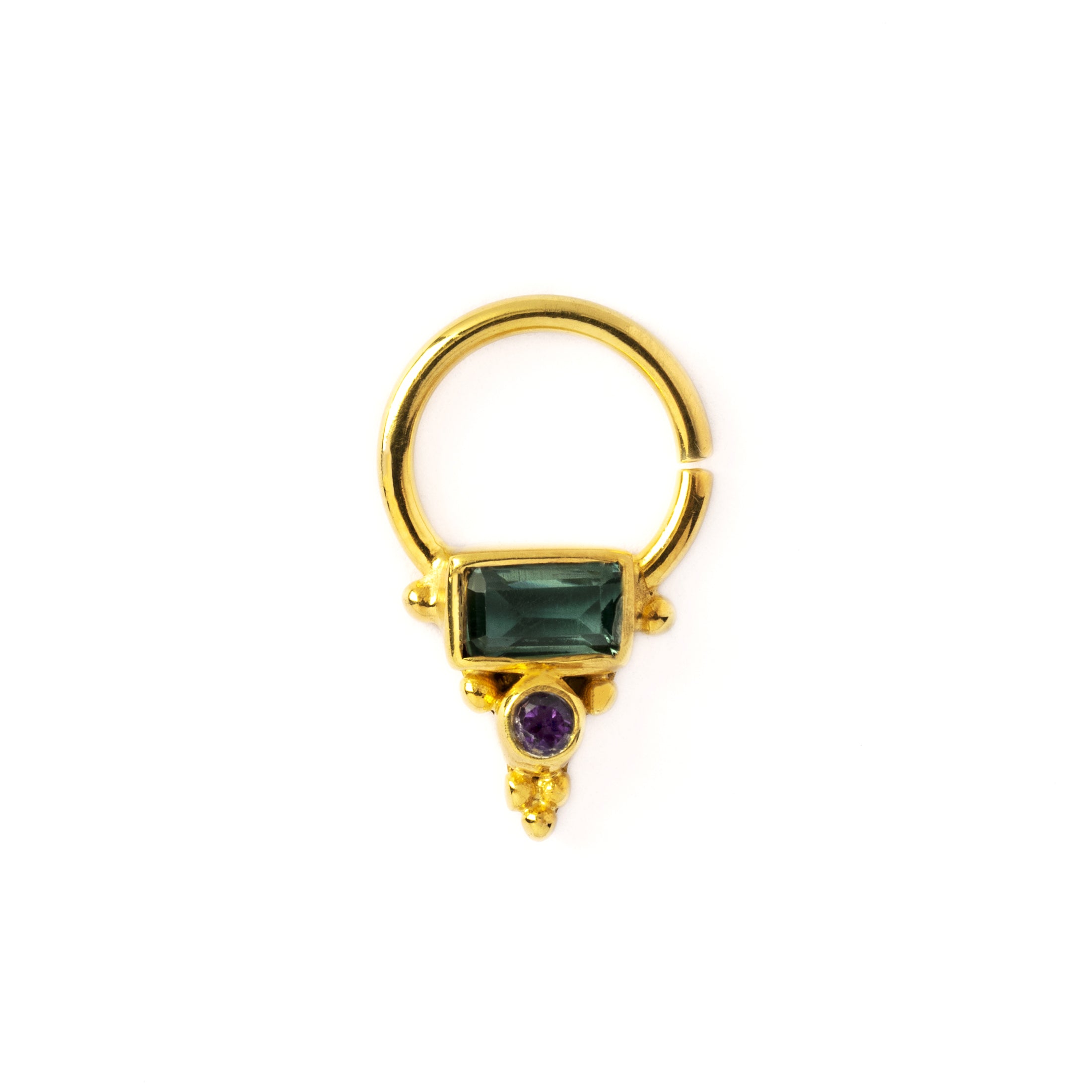 Jaya Gold Septum - Green Quartz & Amethyst frontal view