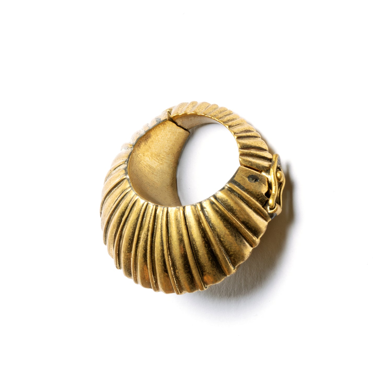 single gold brass carved ear weight hoop front left side view