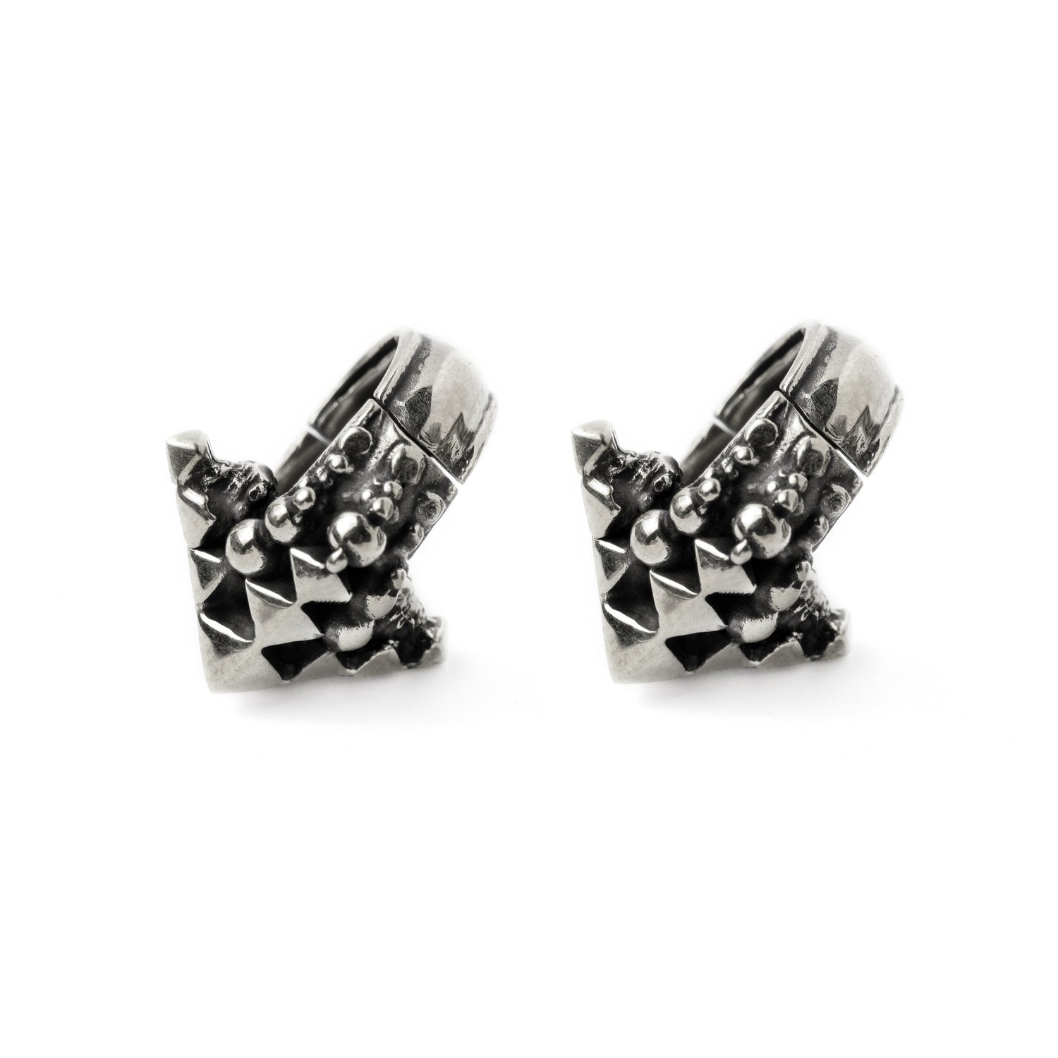 pair of silver Indian inspired geometric hoop ear hangers frontal view