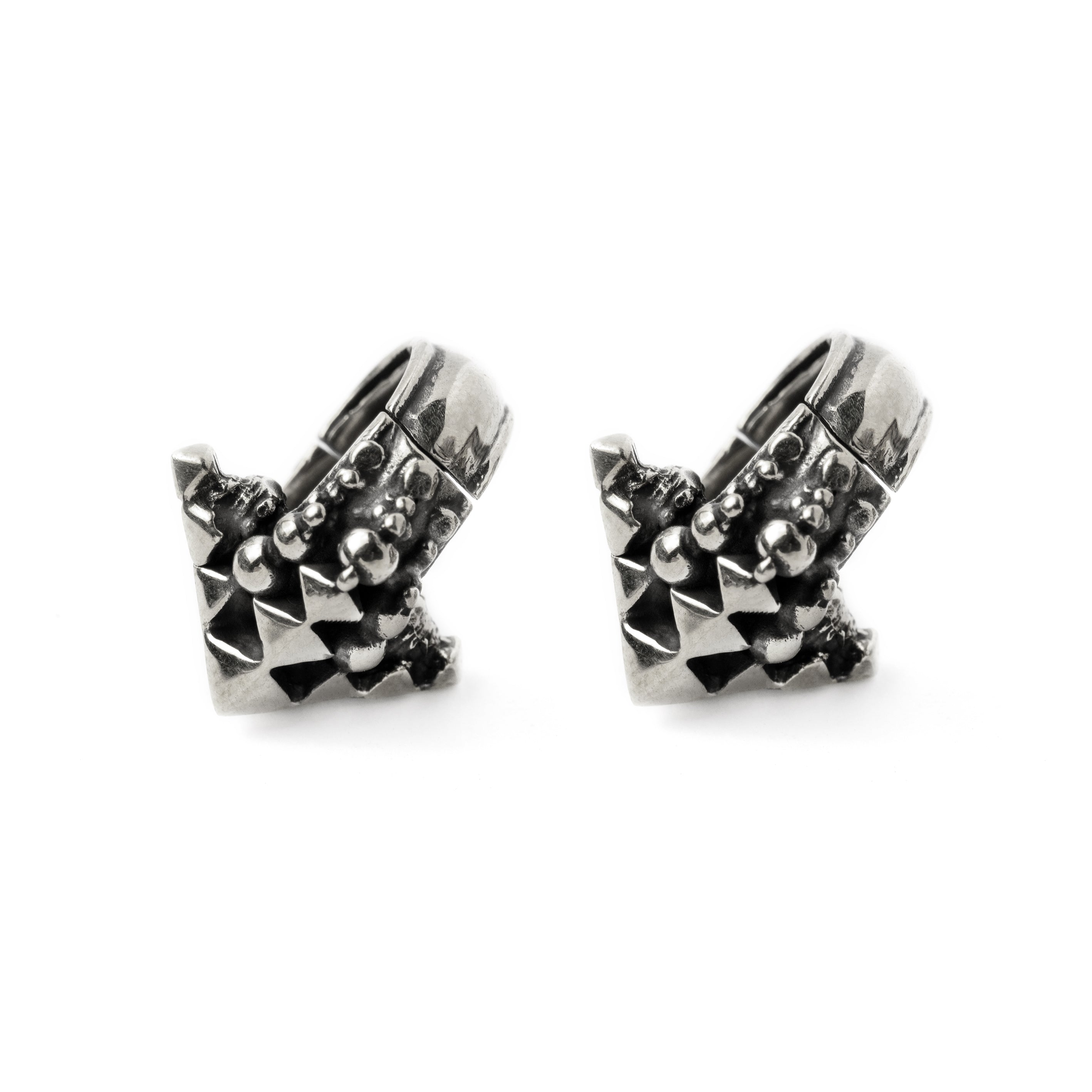 pair of silver Indian inspired geometric hoop ear hangers frontal view