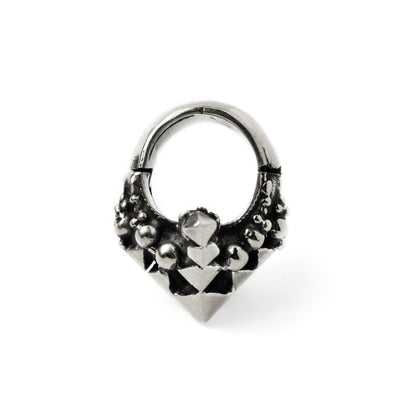single silver Indian inspired geometric hoop ear hanger side view