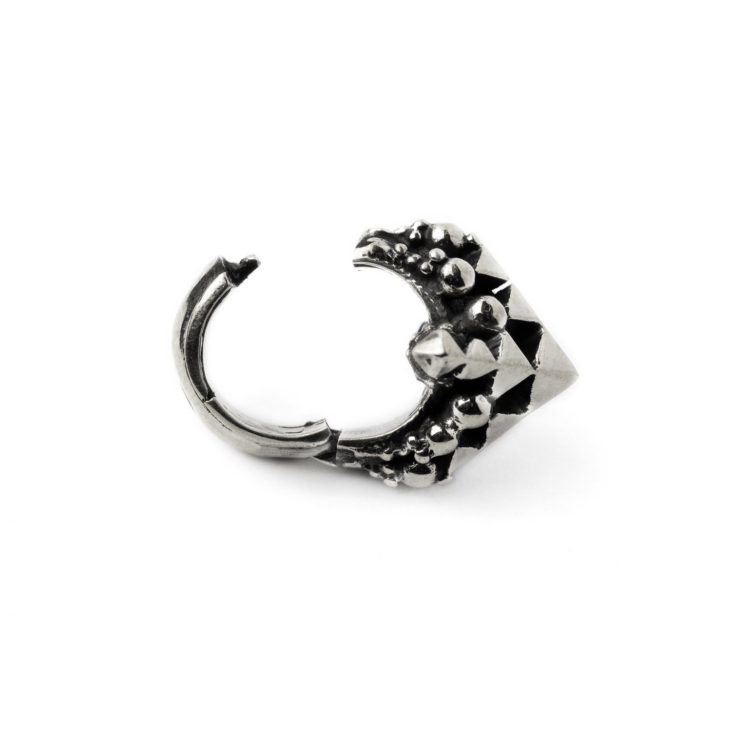 single silver Indian inspired geometric hoop ear hanger locking system view