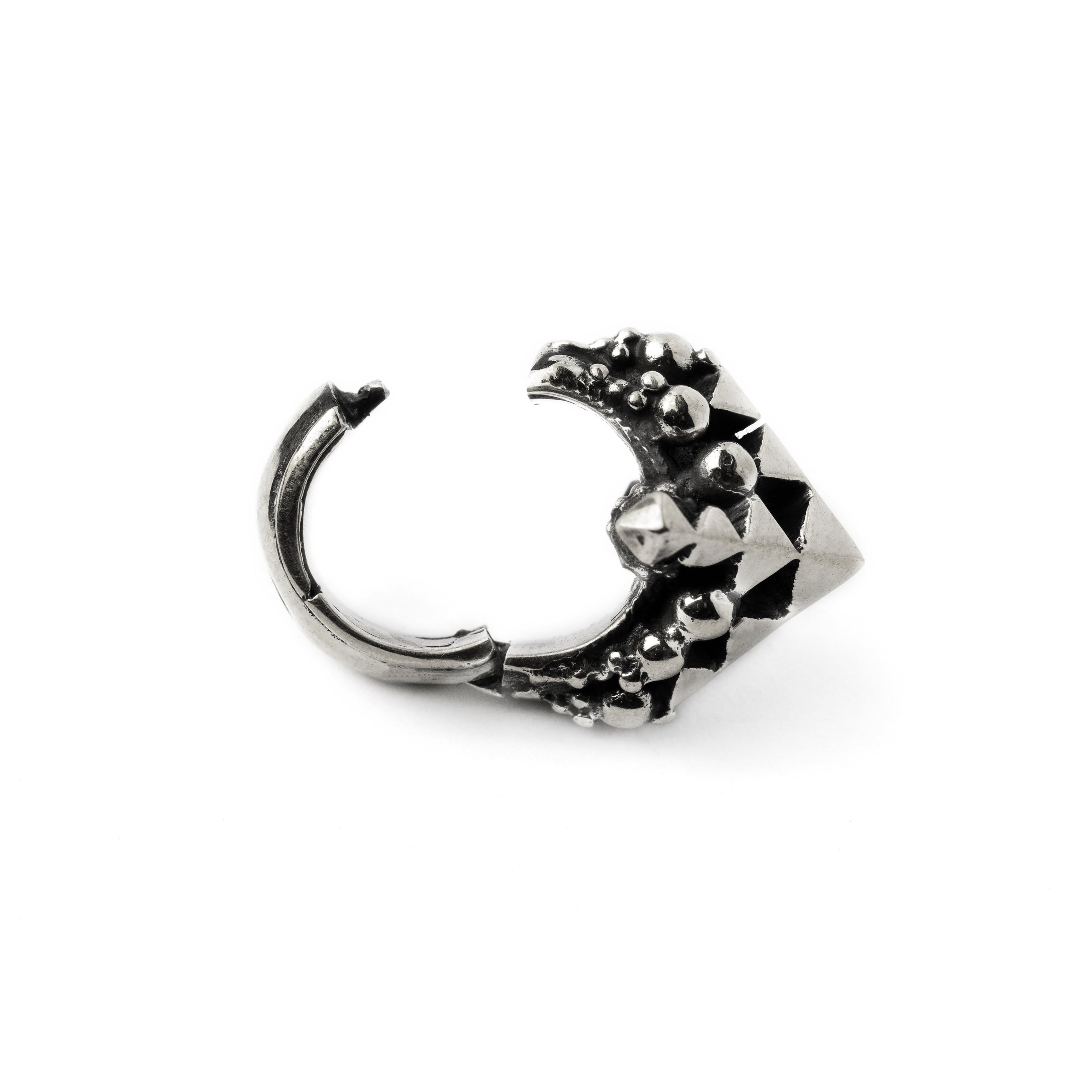 single silver Indian inspired geometric hoop ear hanger locking system view