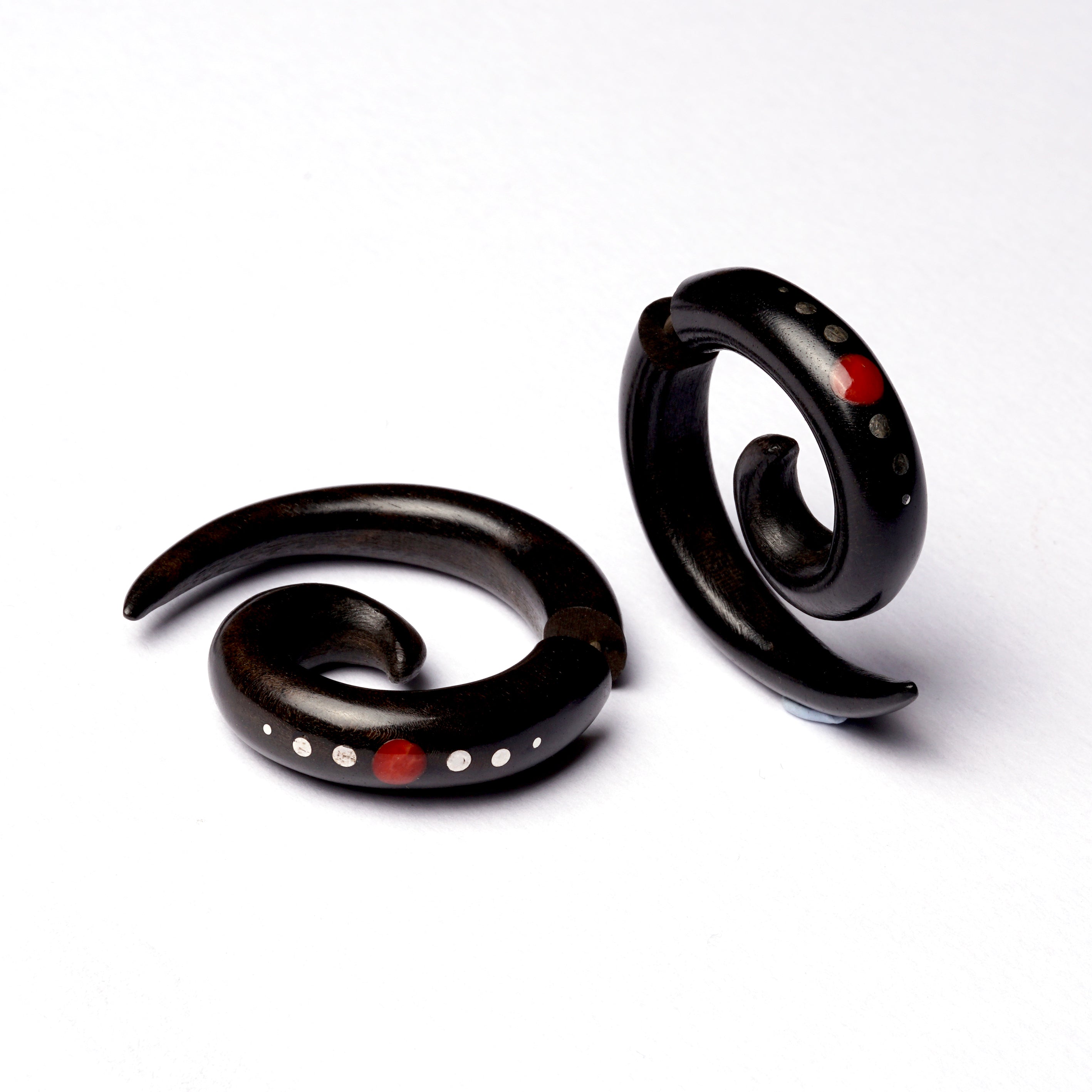 Koru Black Wood Fake Gauge Earring with Dots and Stone Inlay | Tribu Tribal Jewellery