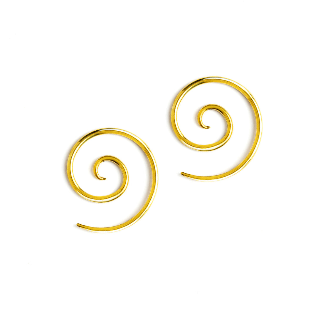 pair of golden brass spiral hoop earrings side view