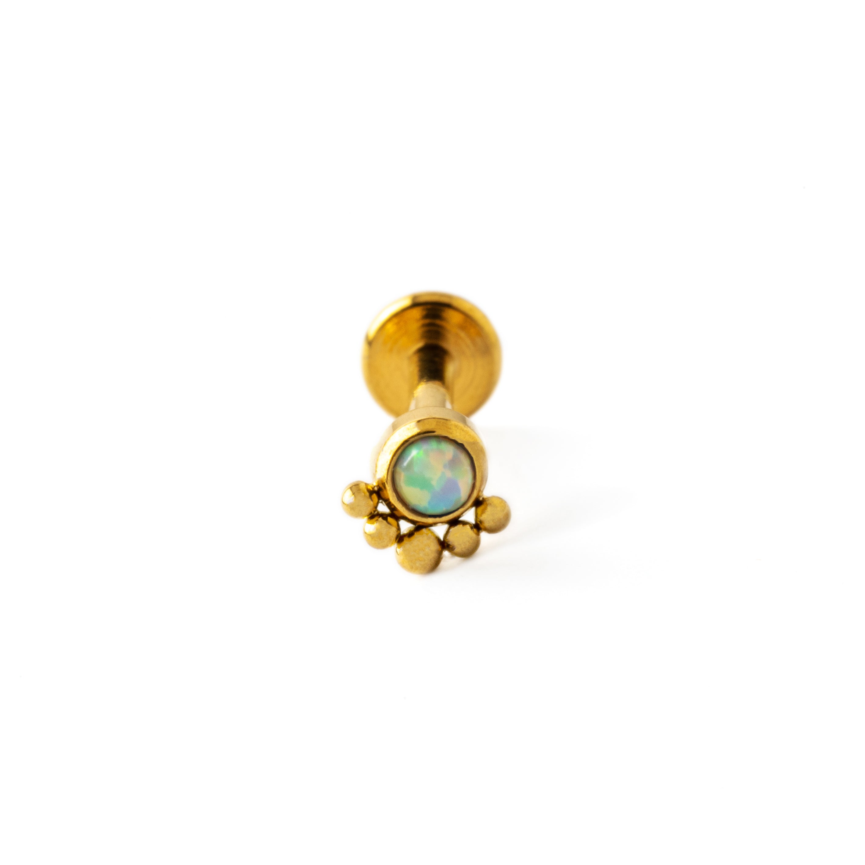 Layla golden surgical steel internally threaded labret with white opal frontal view