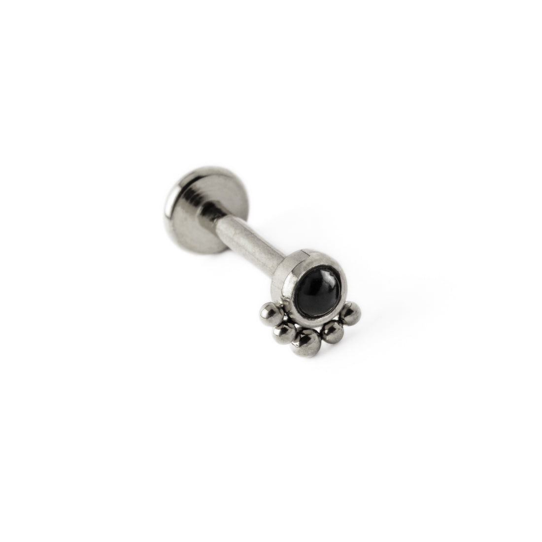 Layla surgical steel internally threaded labret with black Onyx left side view