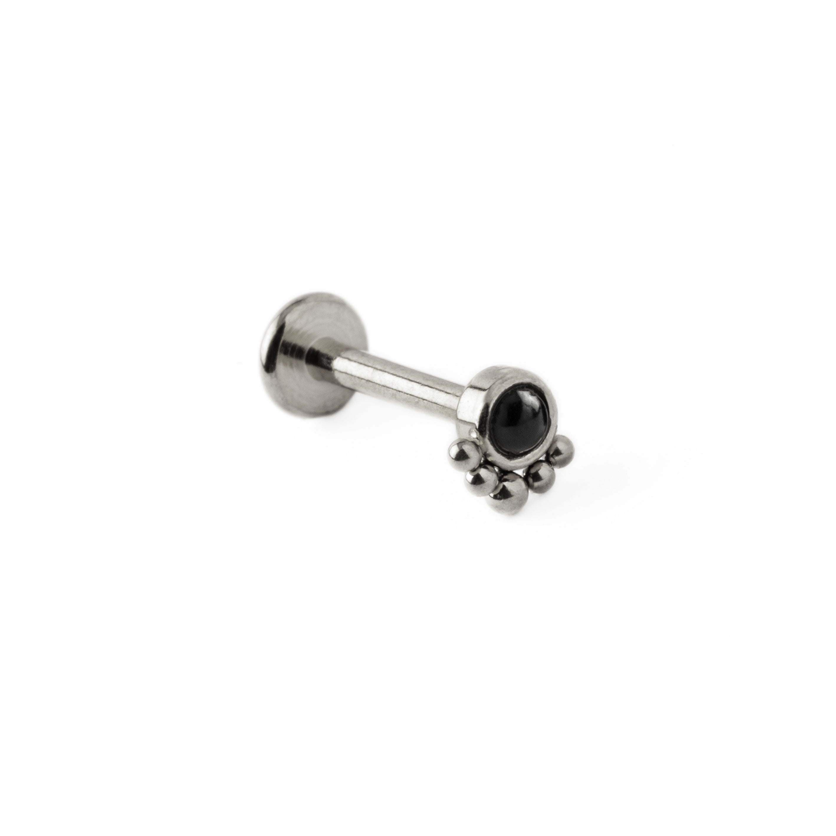 Layla surgical steel internally threaded labret with black Onyx left side view