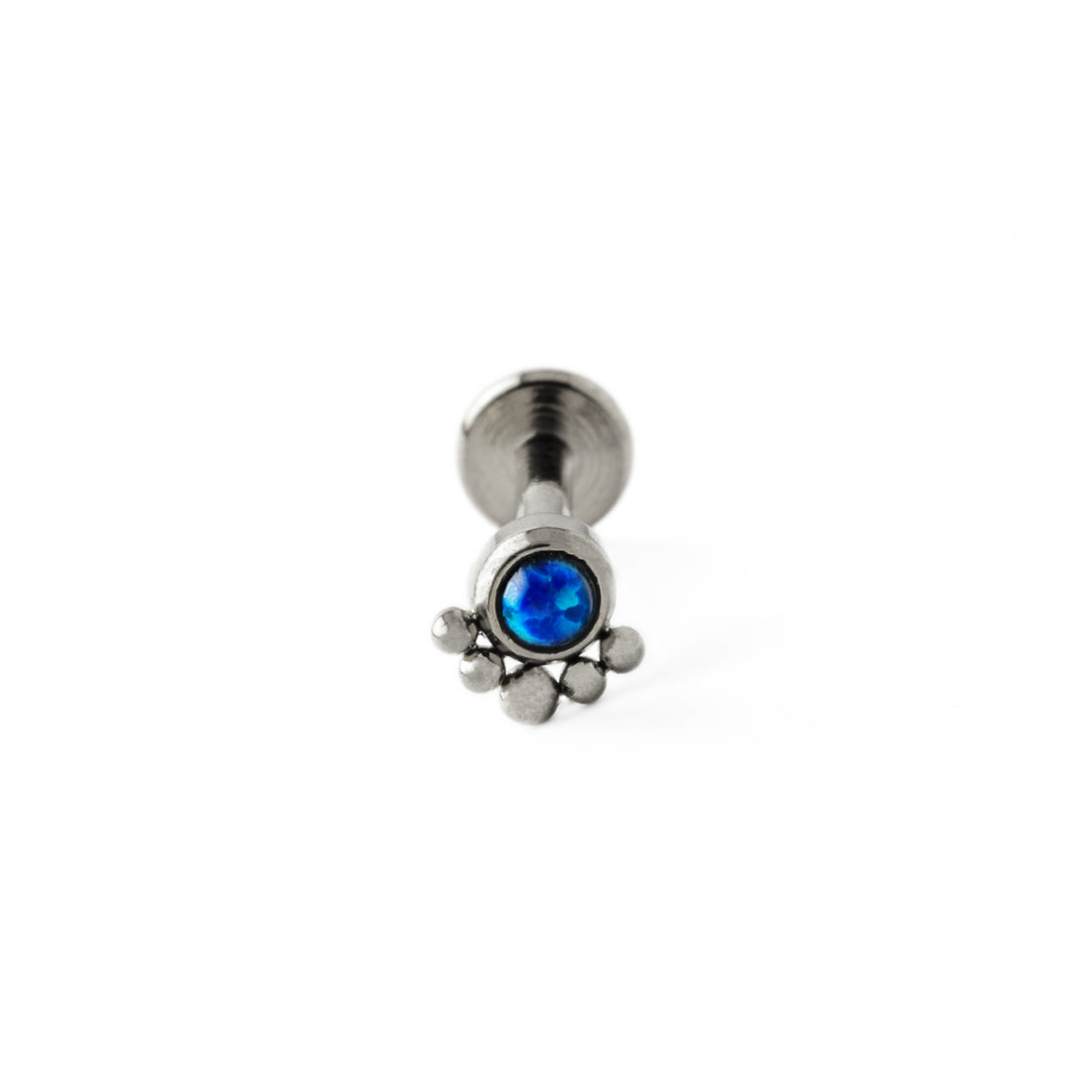 Layla surgical steel internally threaded labret with blue Opal frontal view