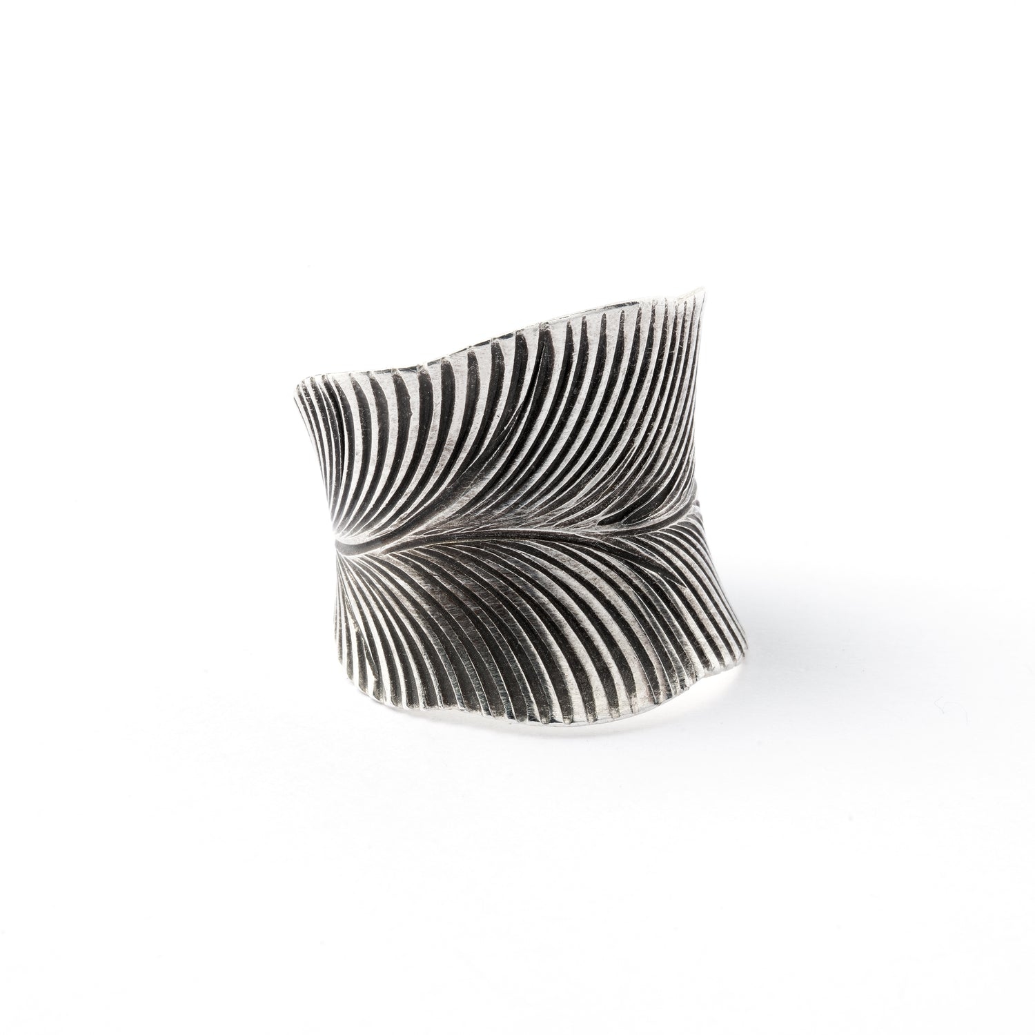 Leaf Adjustable Tribal Silver Ring left front view