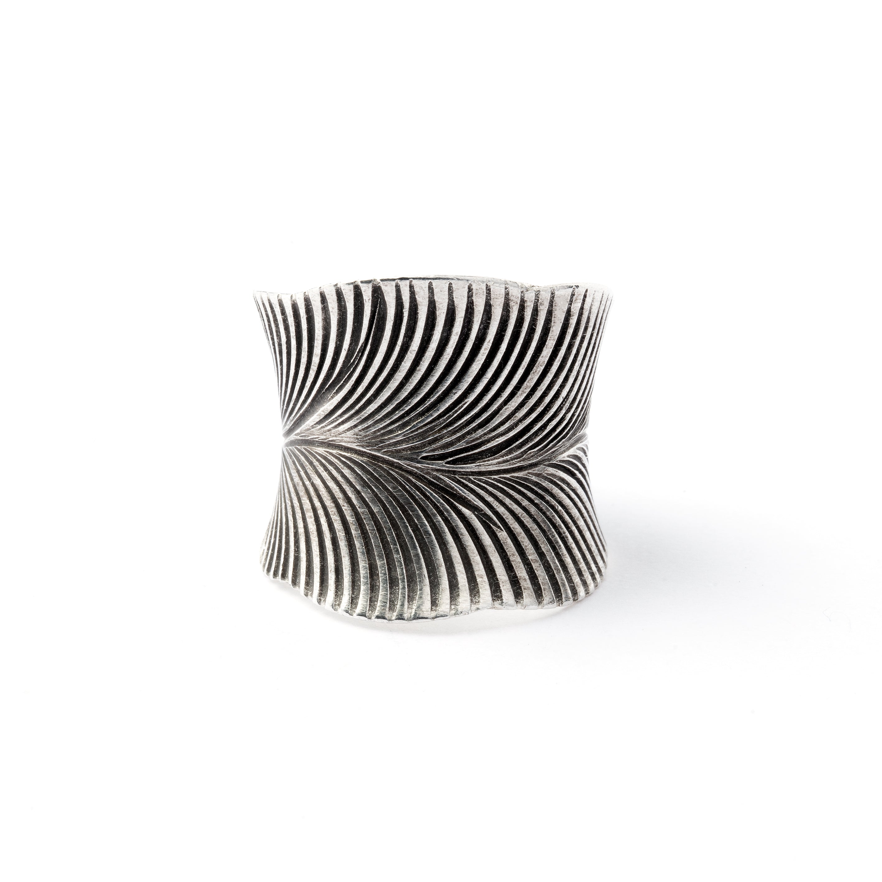 Leaf Adjustable Tribal Silver Ring front view