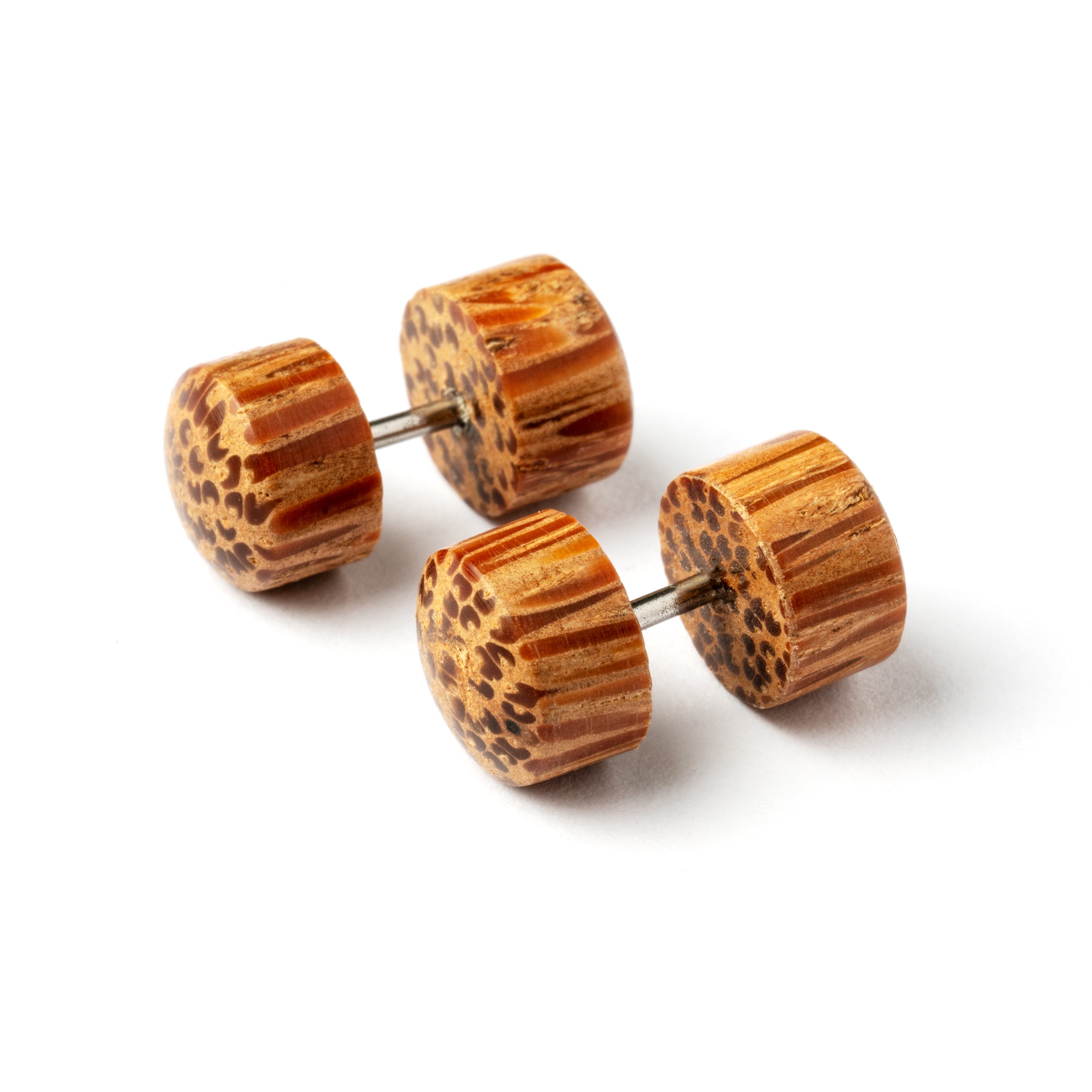 pair of Light Palm wood fake gauge plug earrings side view