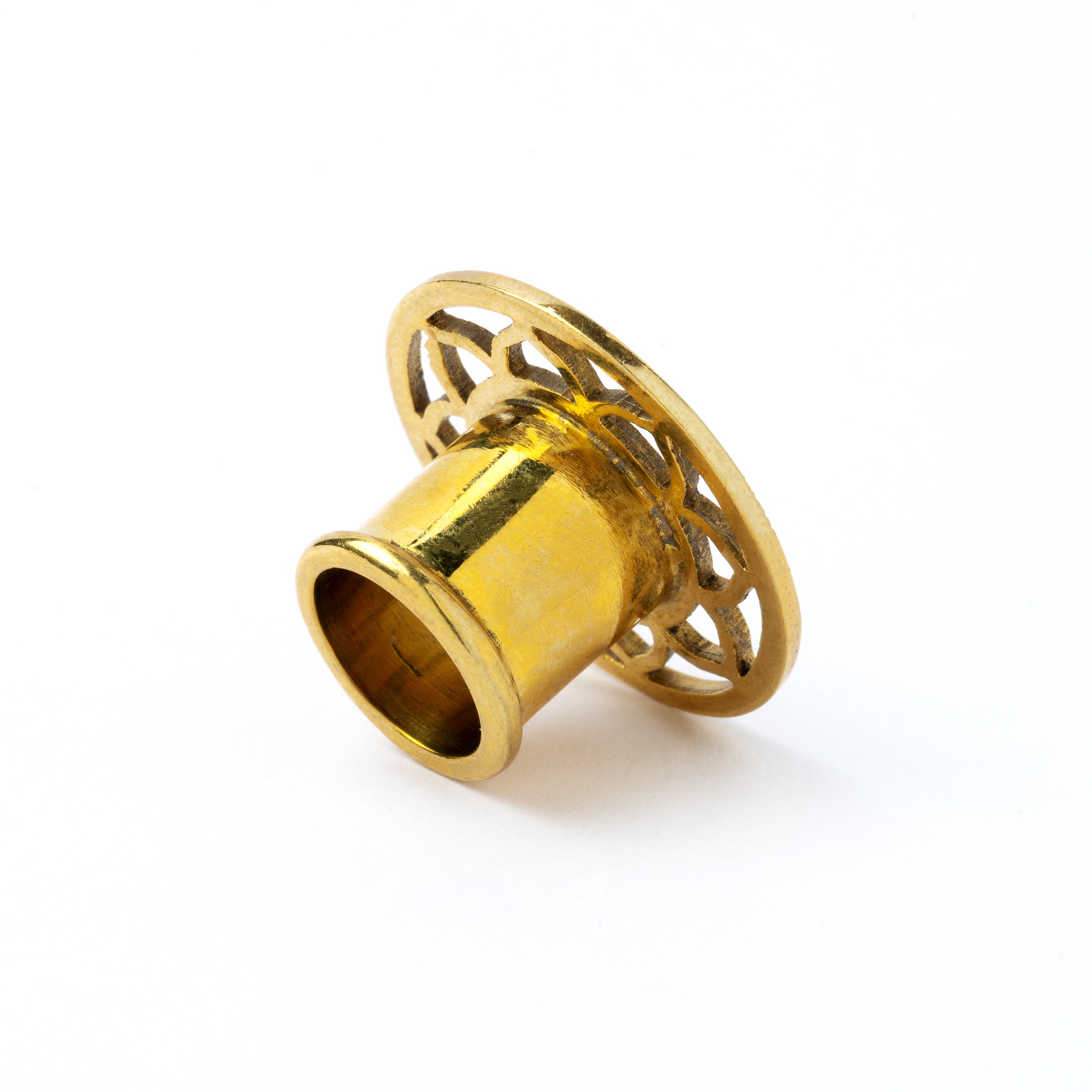 single golden brass Lotus outlines ear tunnel back view