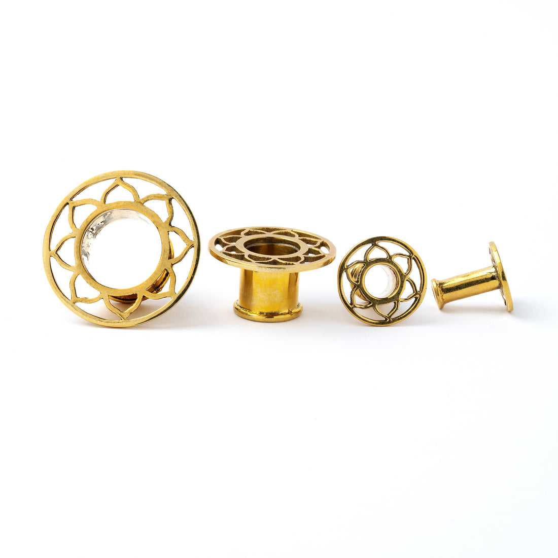 several sizes of golden brass Lotus outlines ear tunnels front and side view