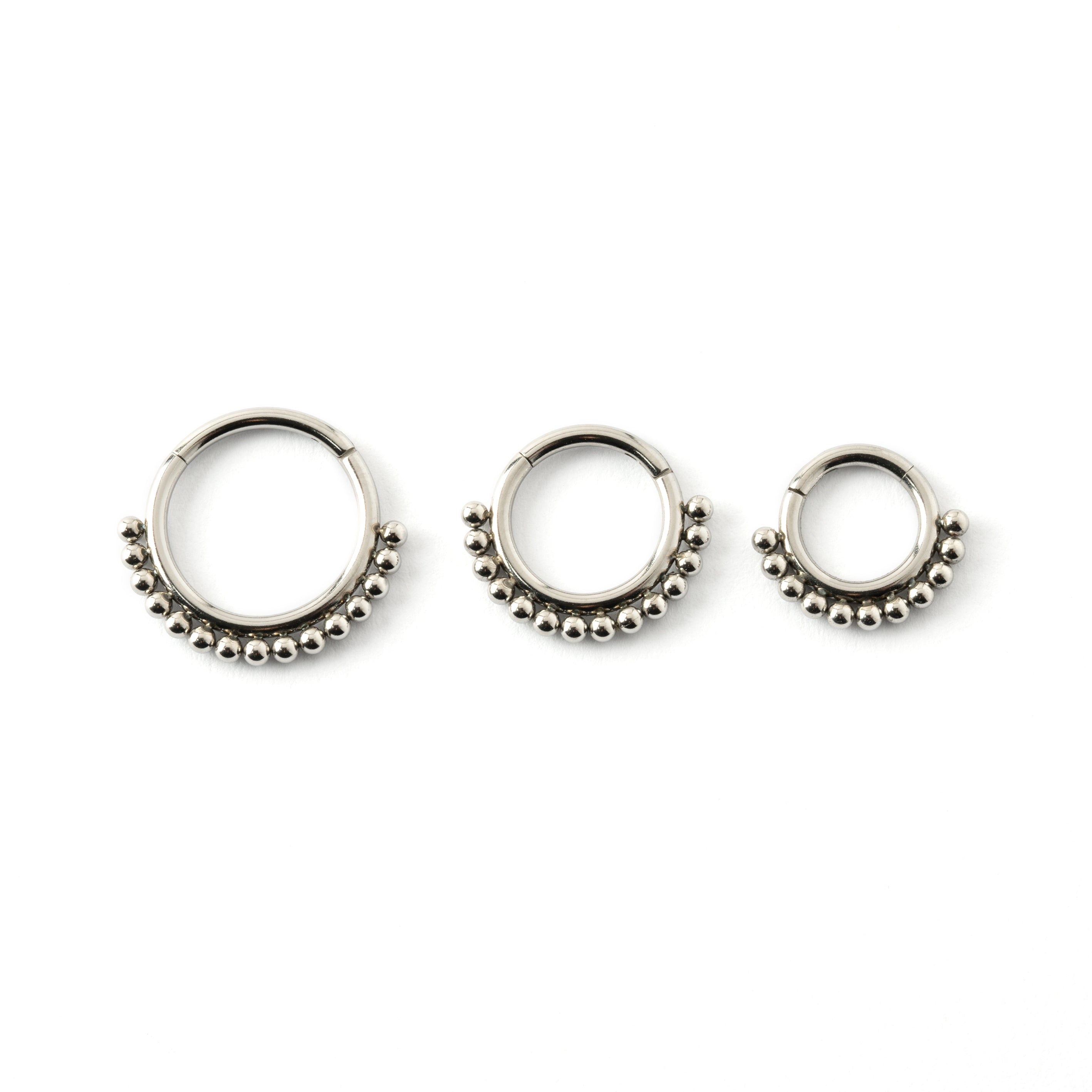 6mm, 8mm, 10mm Liya surgical steel septum clicker rings frontal view