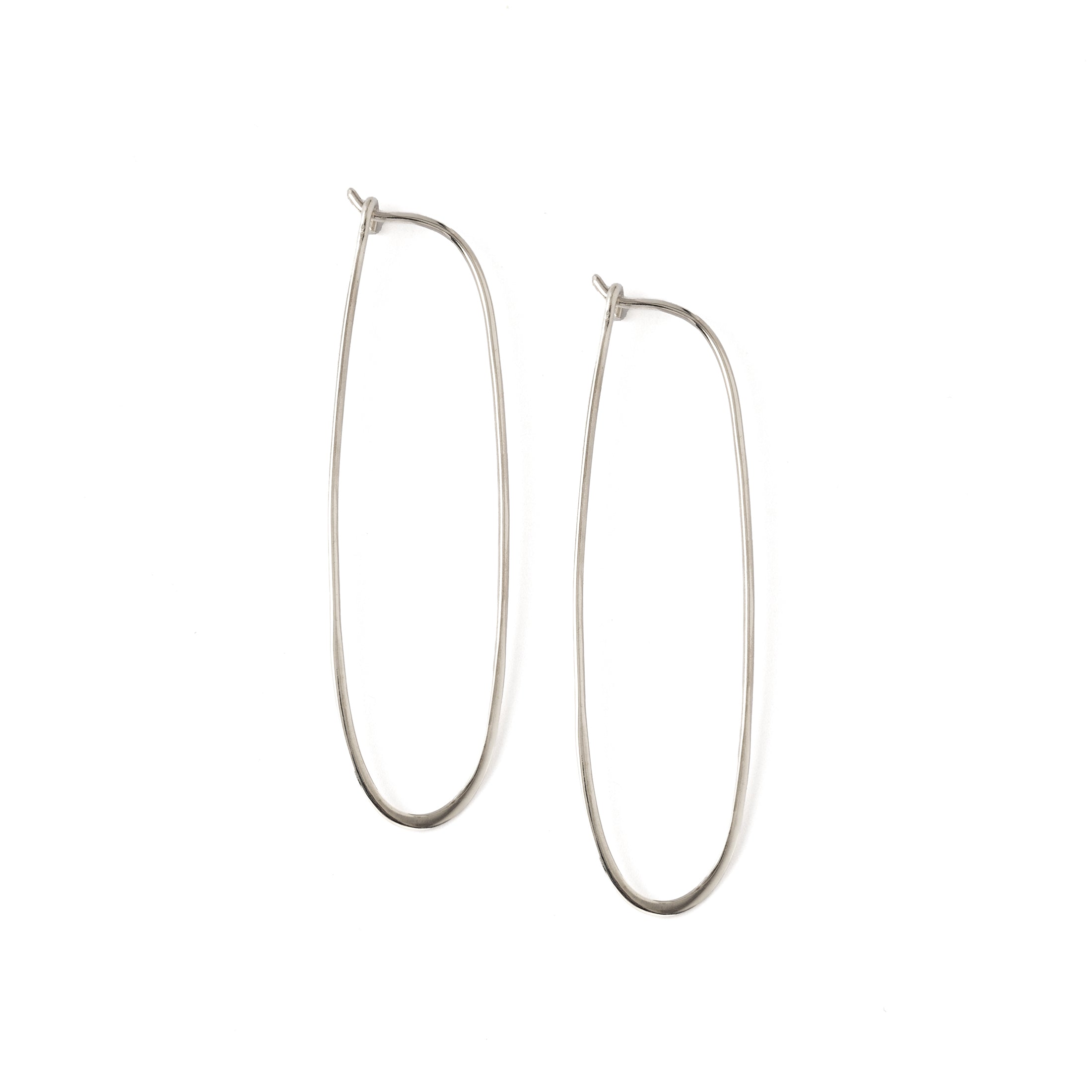 Long Oval Silver Hoops earrings frontal view