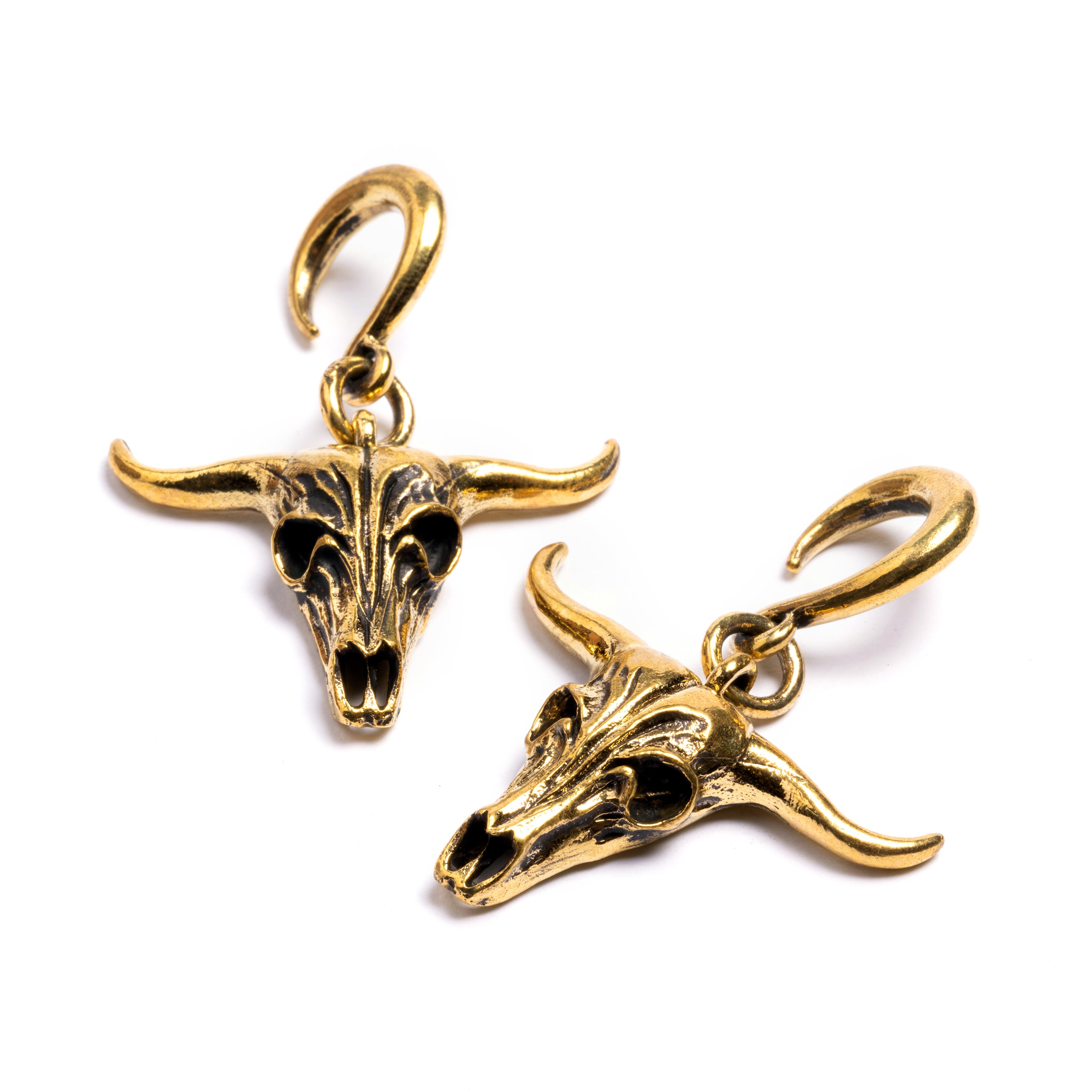 pair of gold brass longhorn skull ear weights hangers front and side view