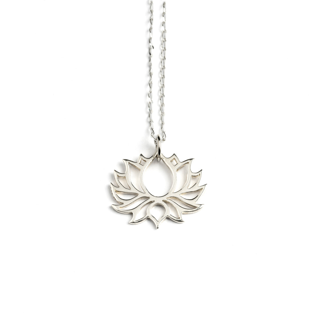 Silver Lotus Flower Outline Charm necklace frontal view