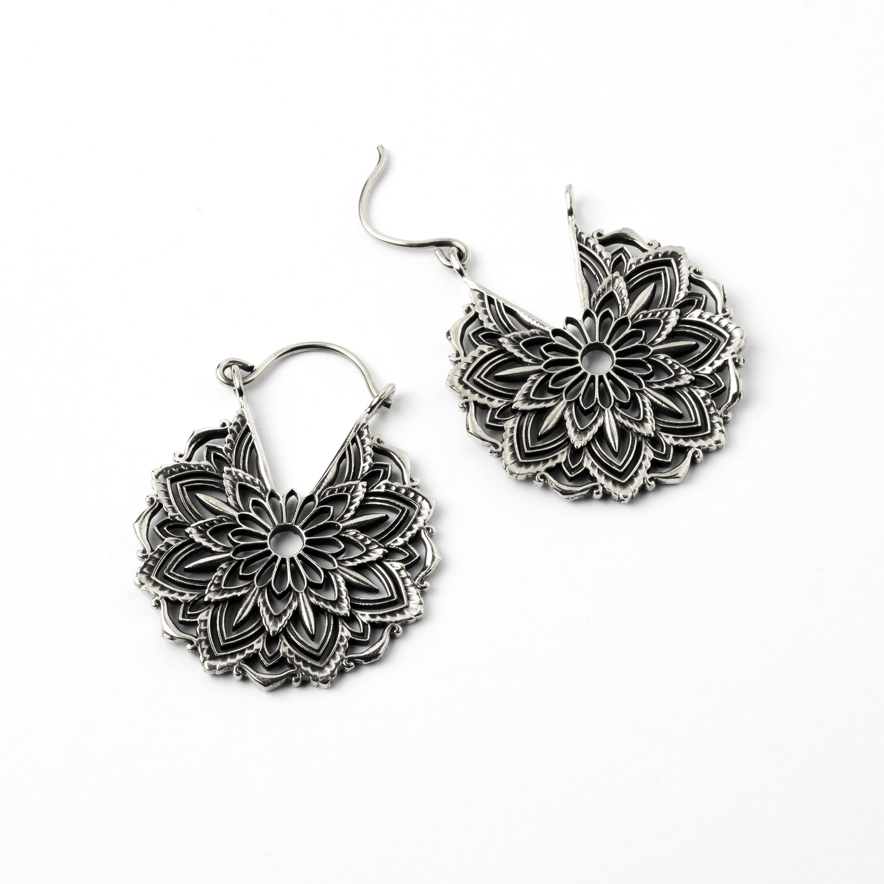 pair of white brass pair of white brass mandala lotus hoop earrings open closure mode view