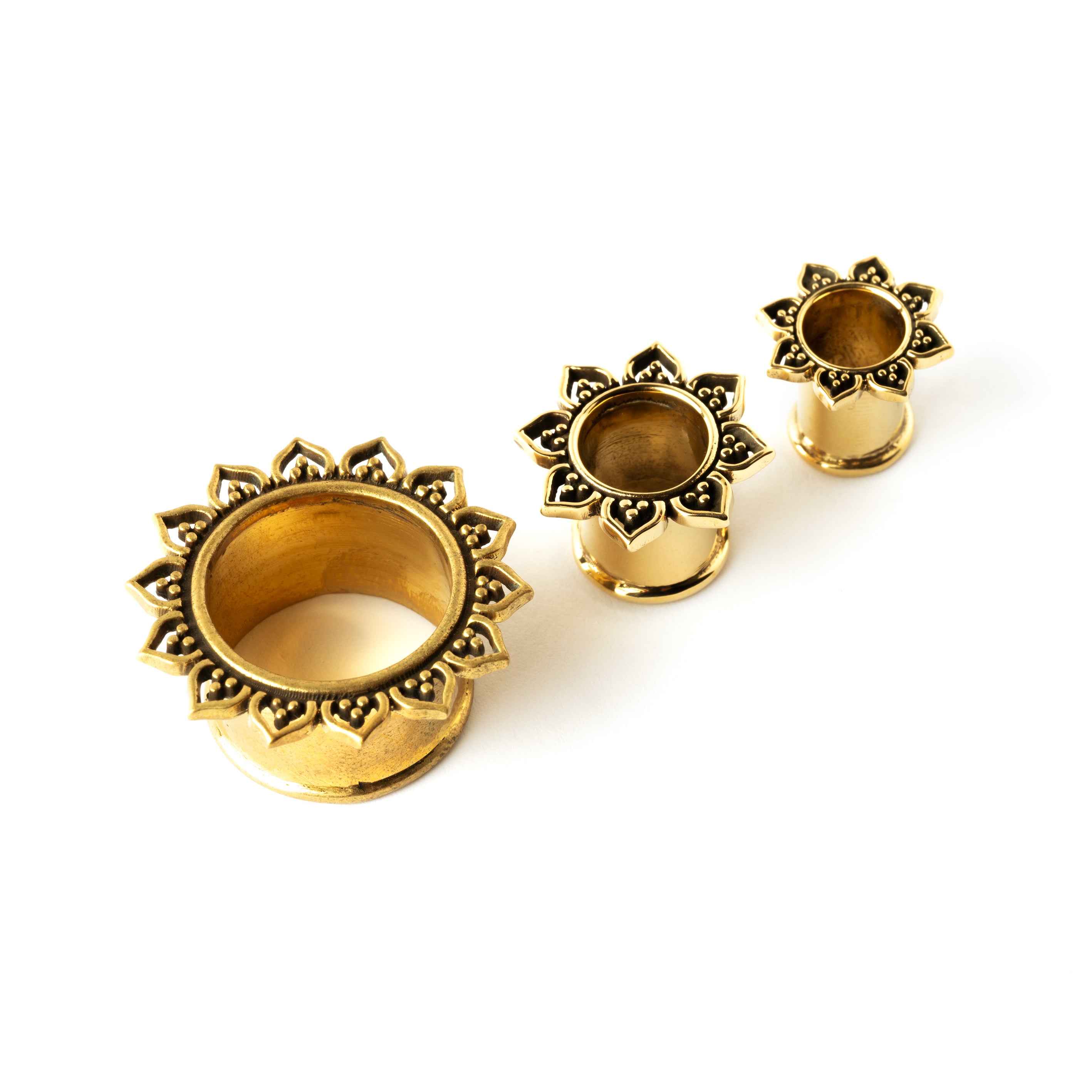 several sizes of Iriya golden lotus petals plug tunnels front side view