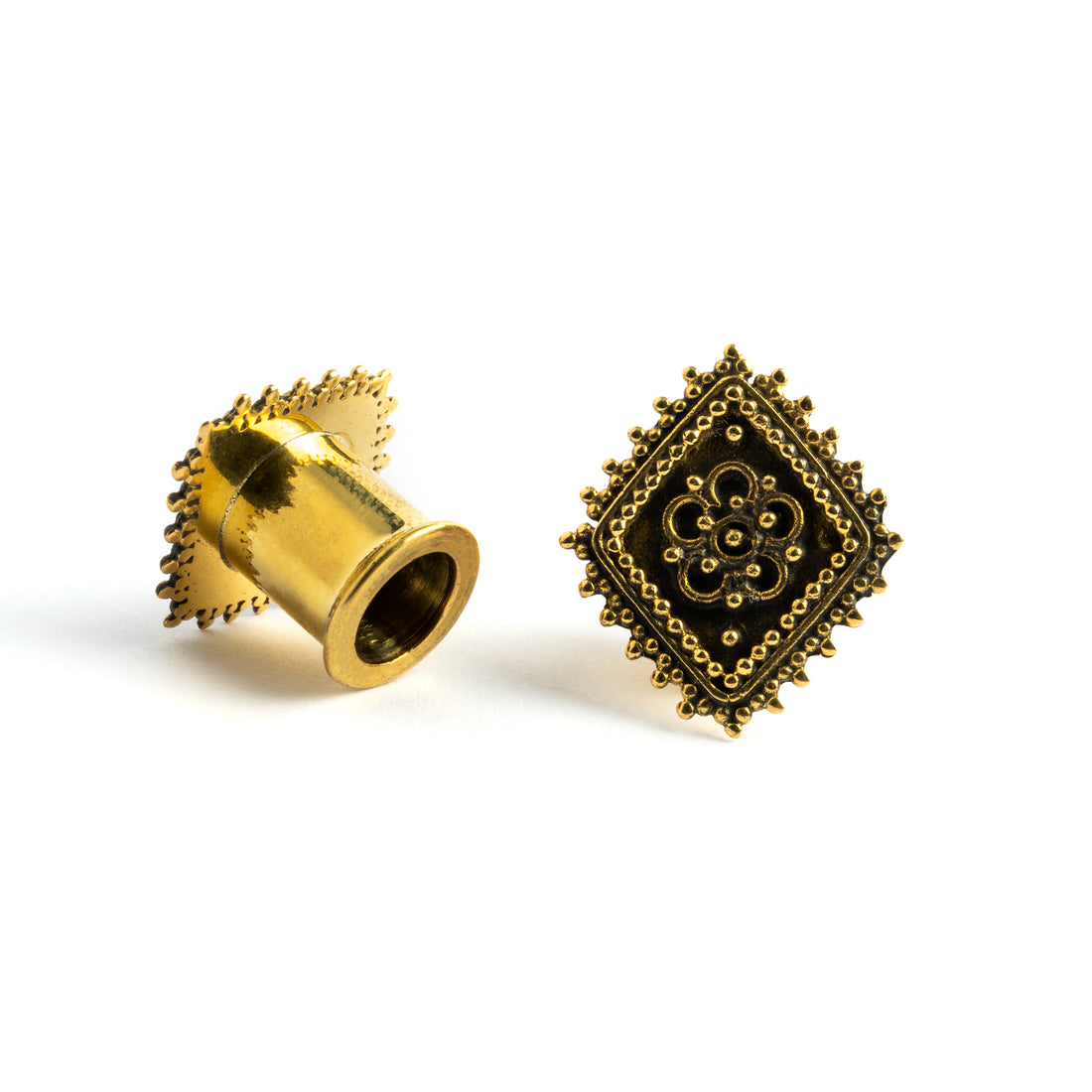 Lozenge brass plugs for stretched ears front and back view
