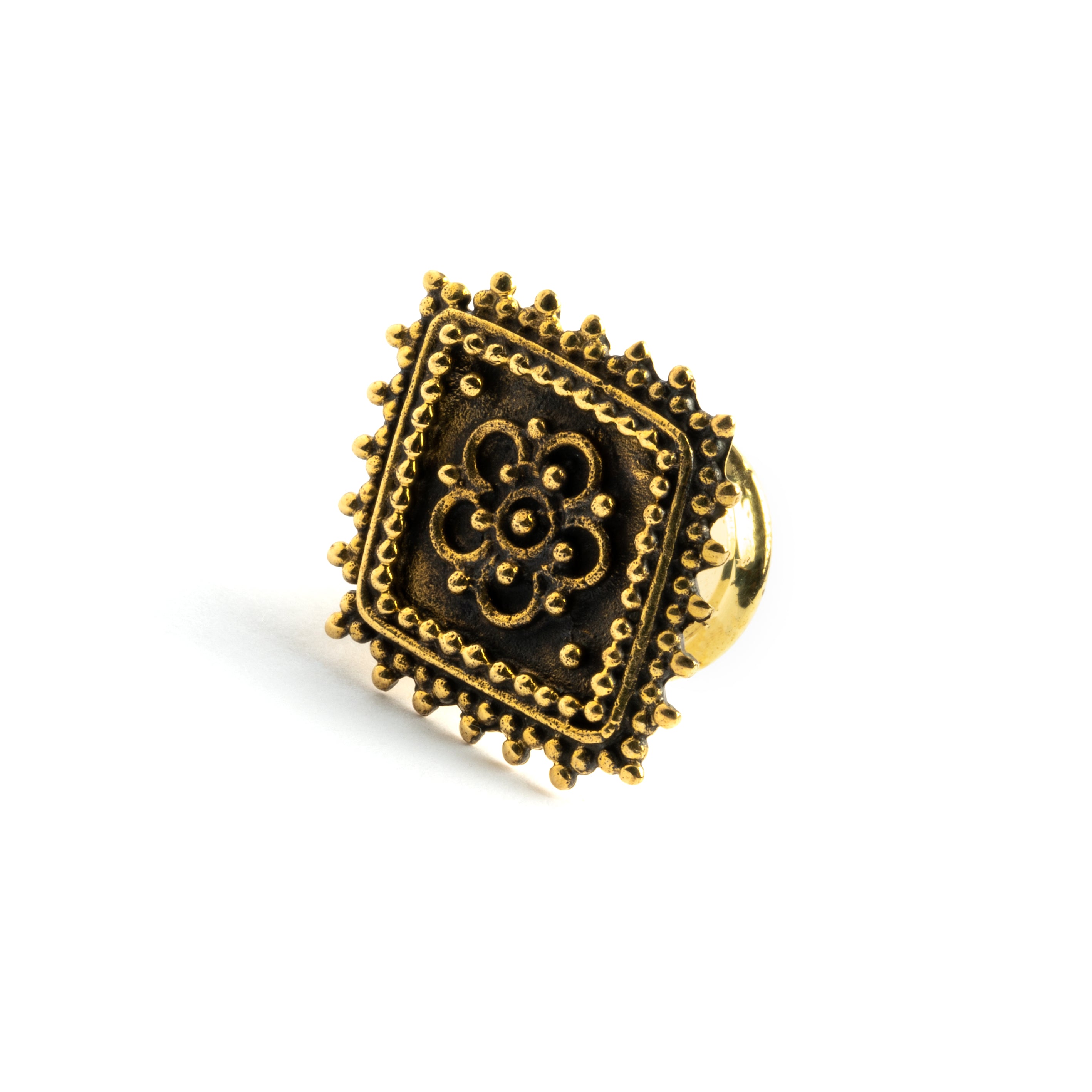 Lozenge brass plug for stretched ears front view