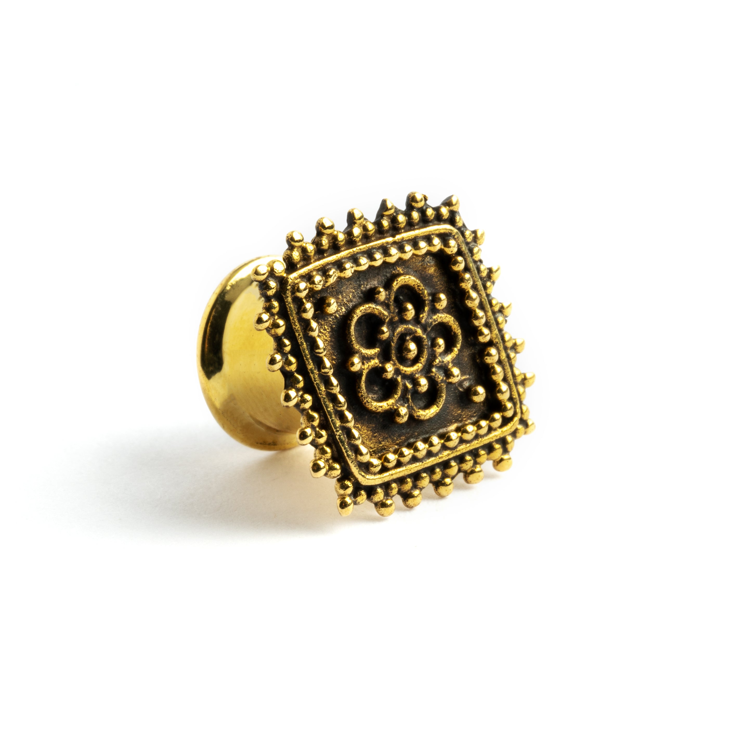 Lozenge brass plug for stretched ears left side view