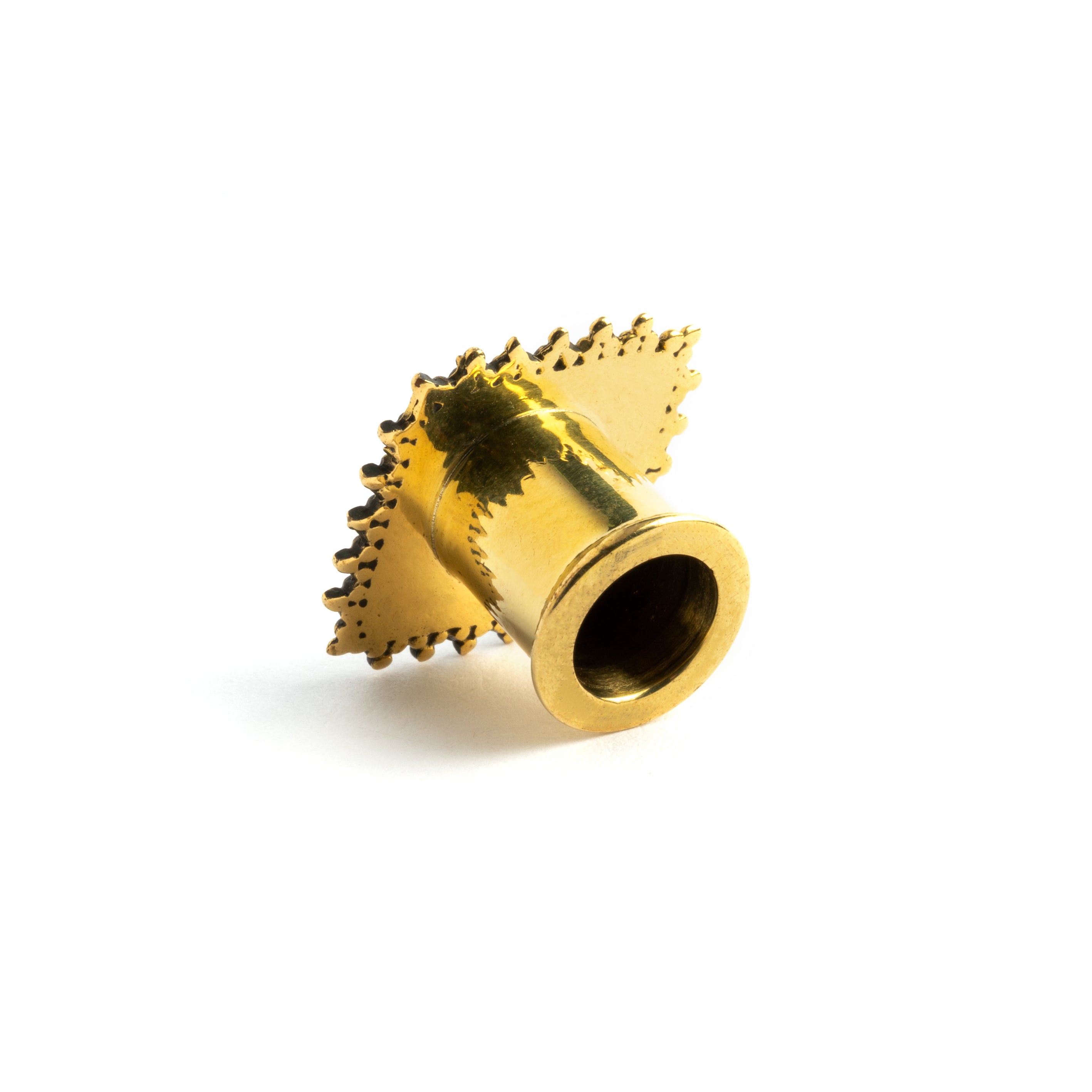 Lozenge brass plug for stretched ears back side view