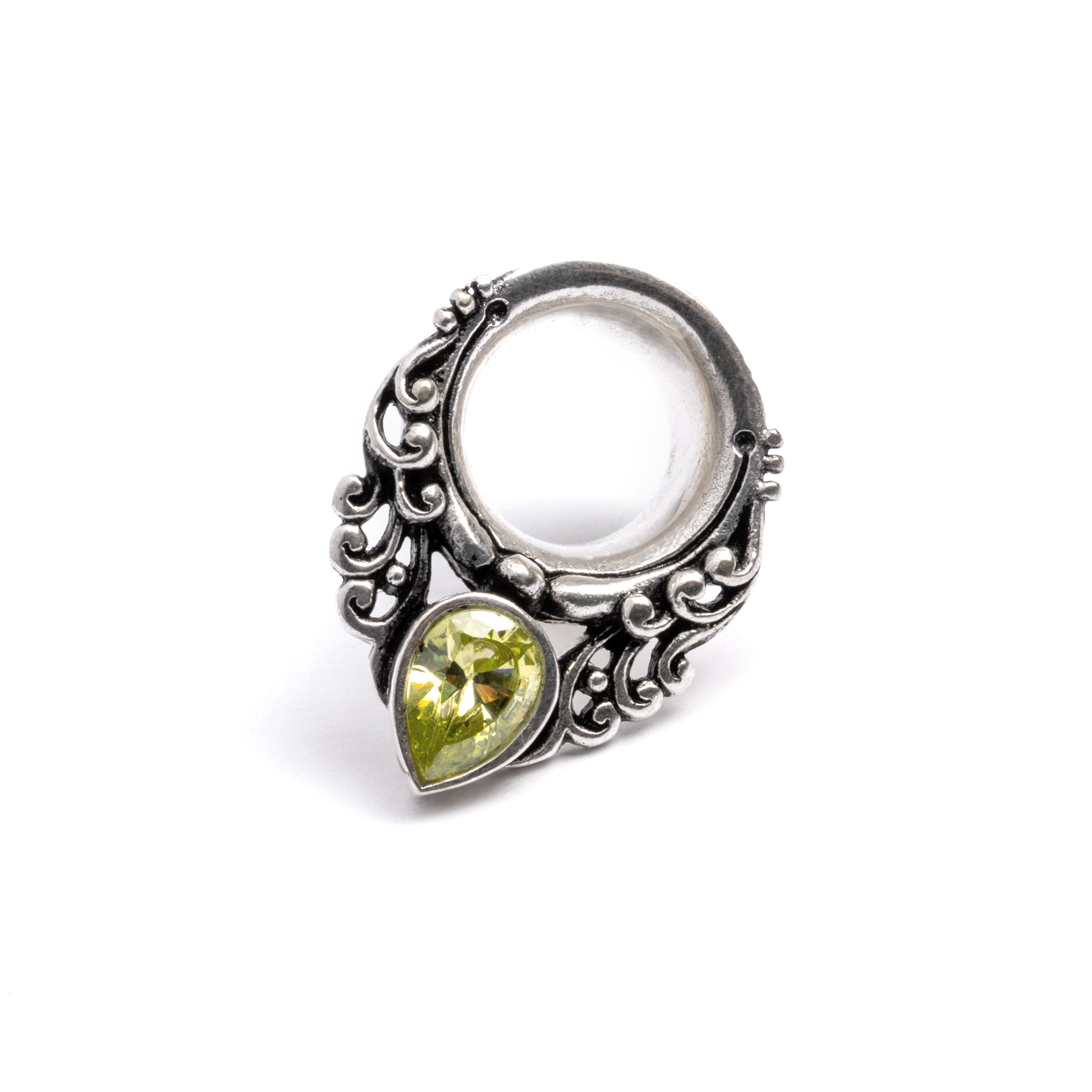 Maharishi ear saddle with Peridot frontal view