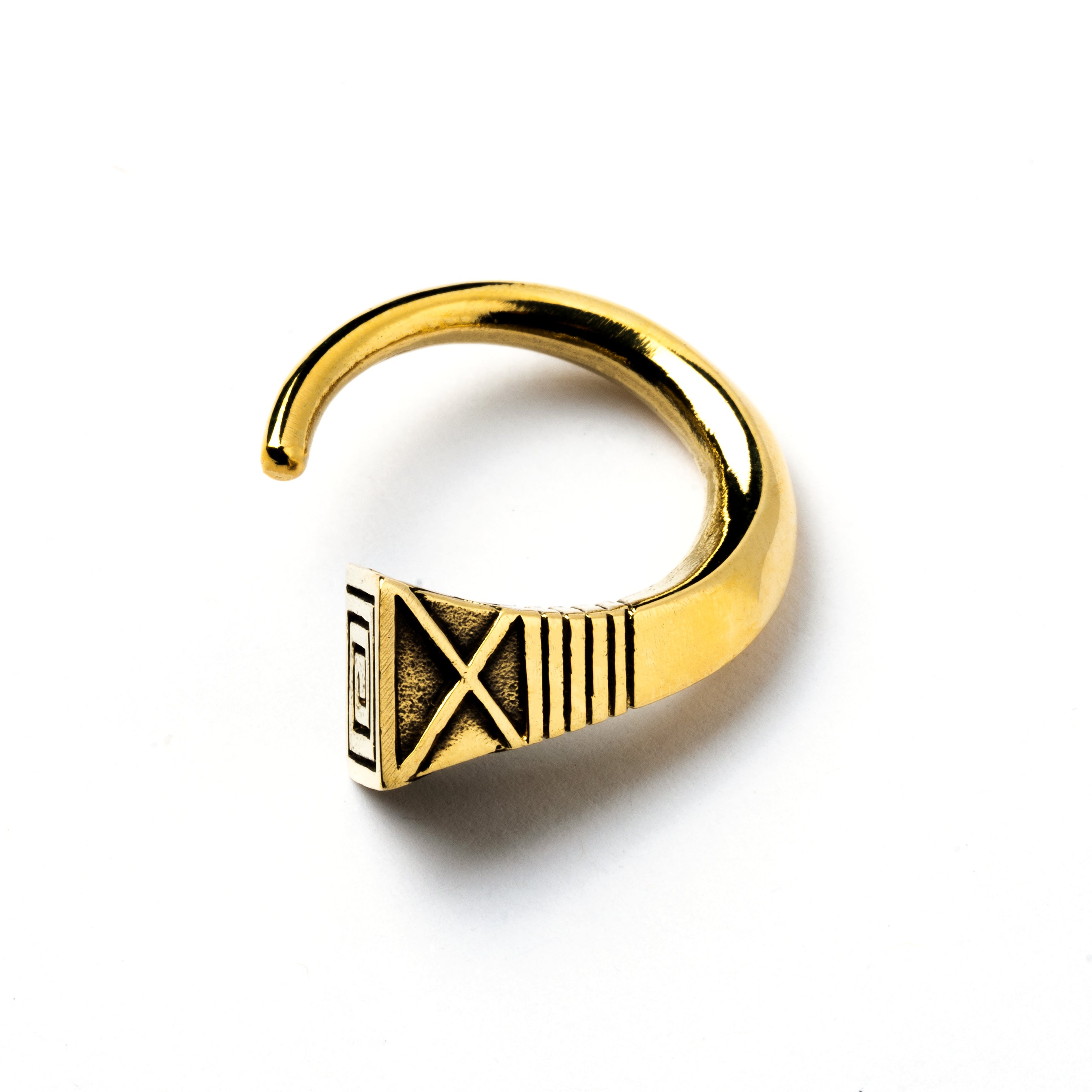 single gold brass hook weight hanger with geometric design frontal view
