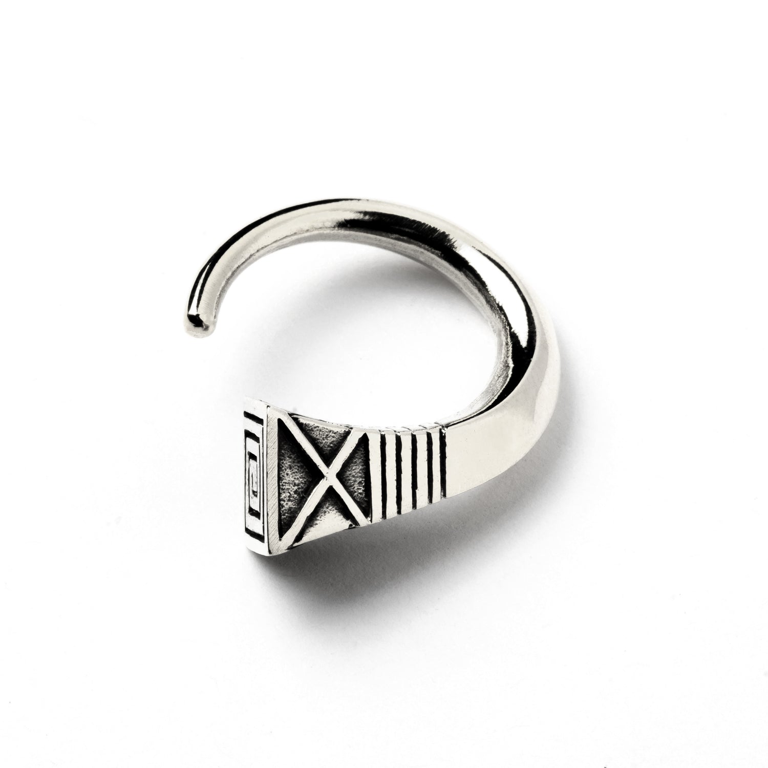 single white brass hook weight hanger with geometric design frontal view