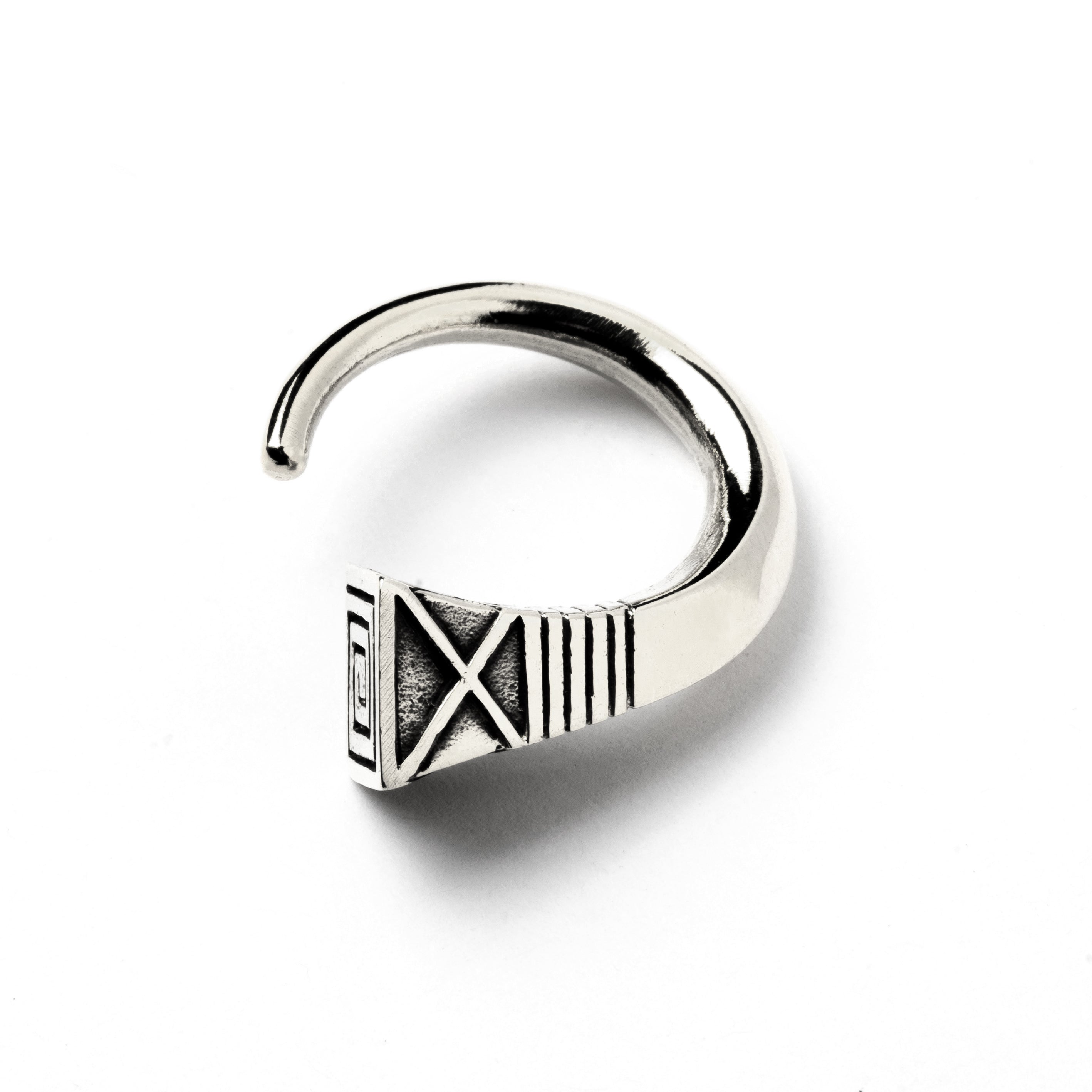 single white brass hook weight hanger with geometric design frontal view