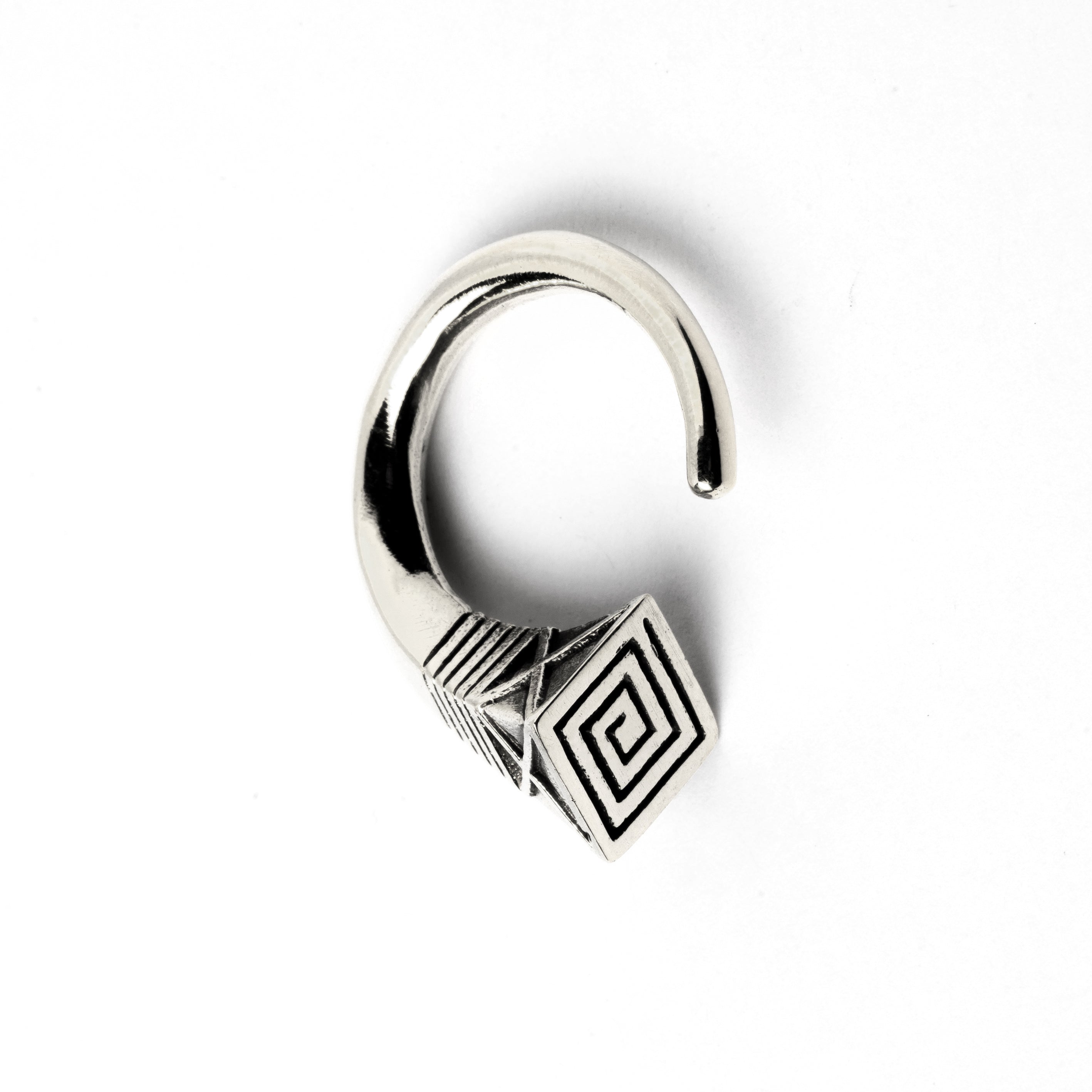 single white brass hook weight hanger with geometric design left side view