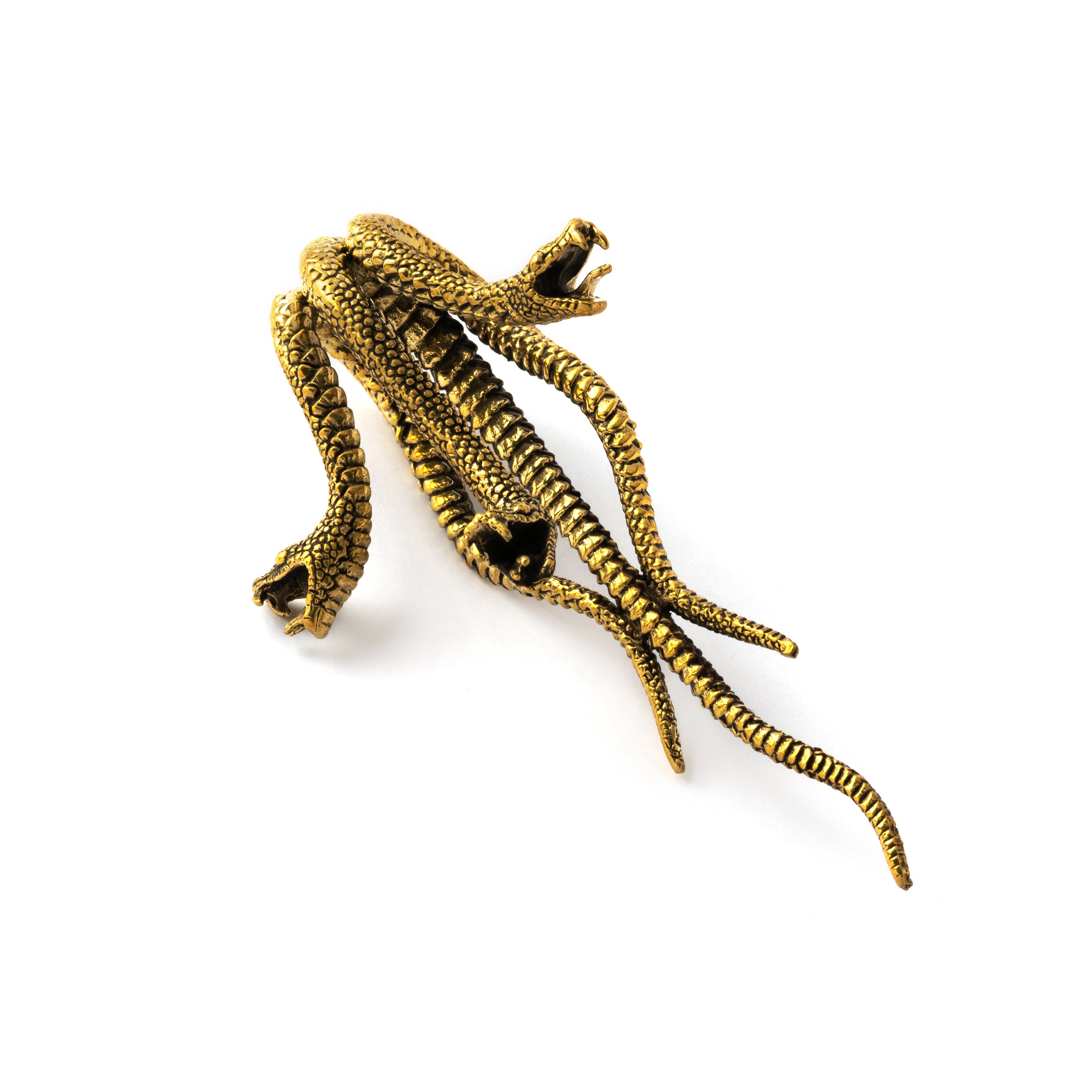 single gold brass three snakes attached as a hook ear hanger frontal view