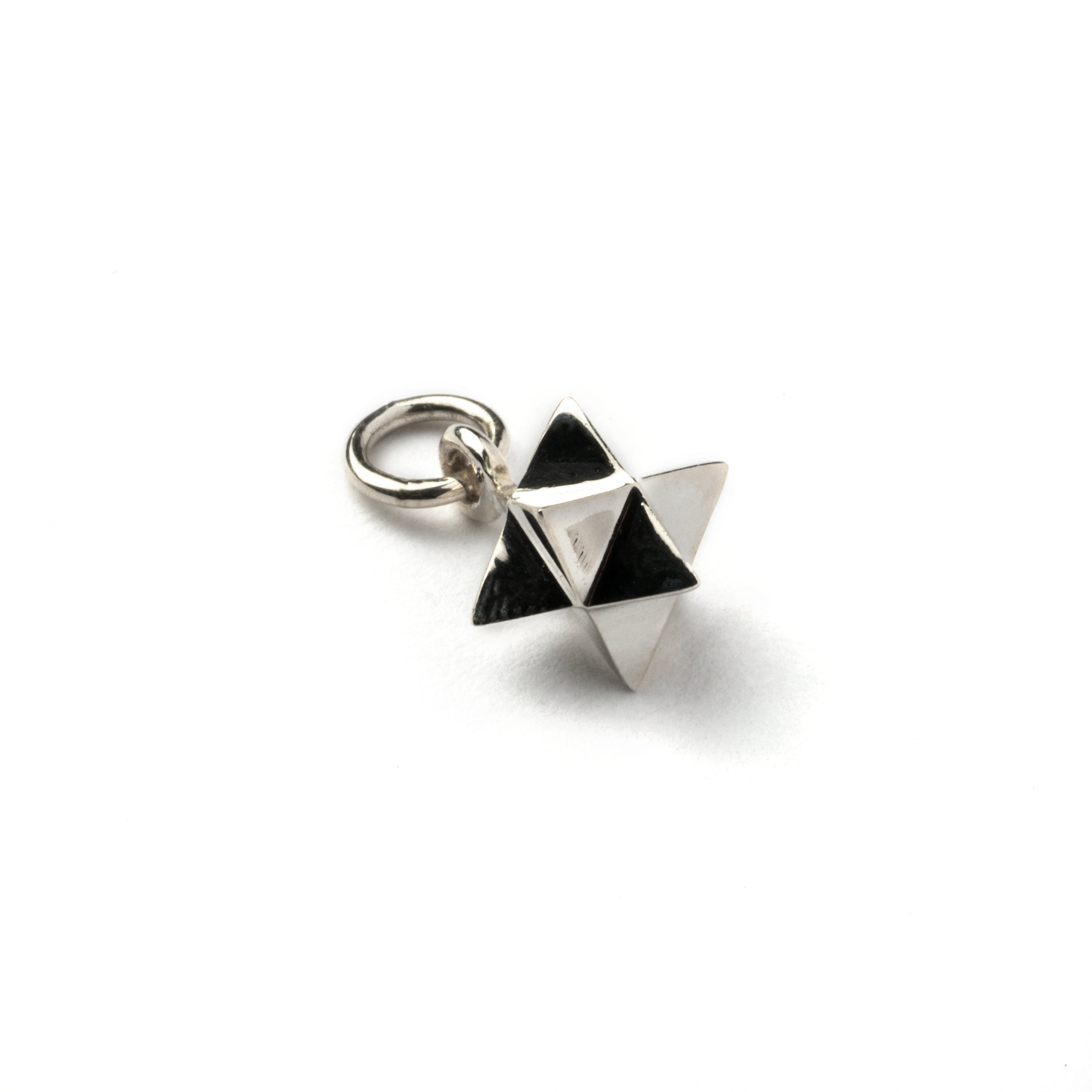 Tiny Silver Merkaba Charm necklace left side view