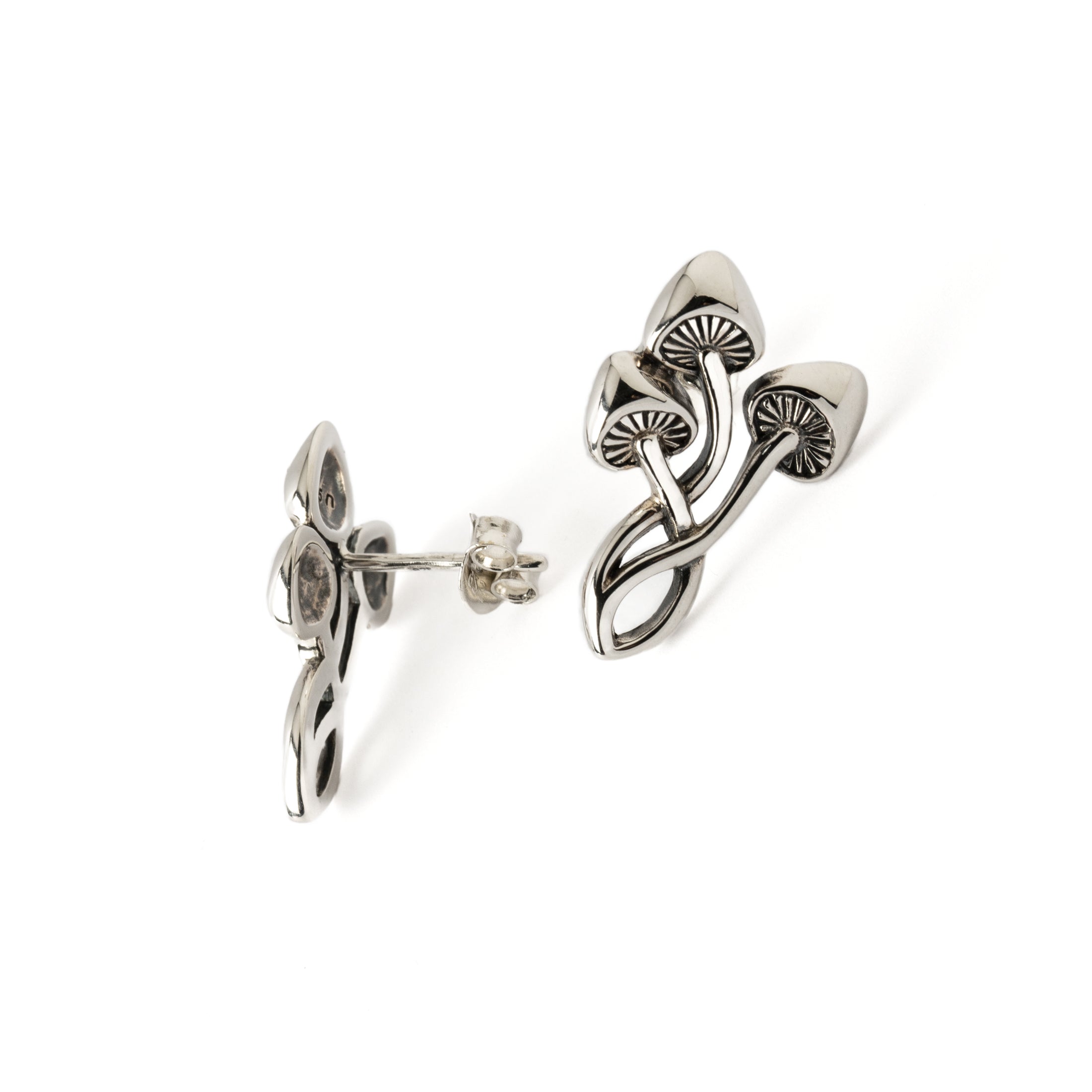 Mushroom Magic silver Stud earrings front and back view