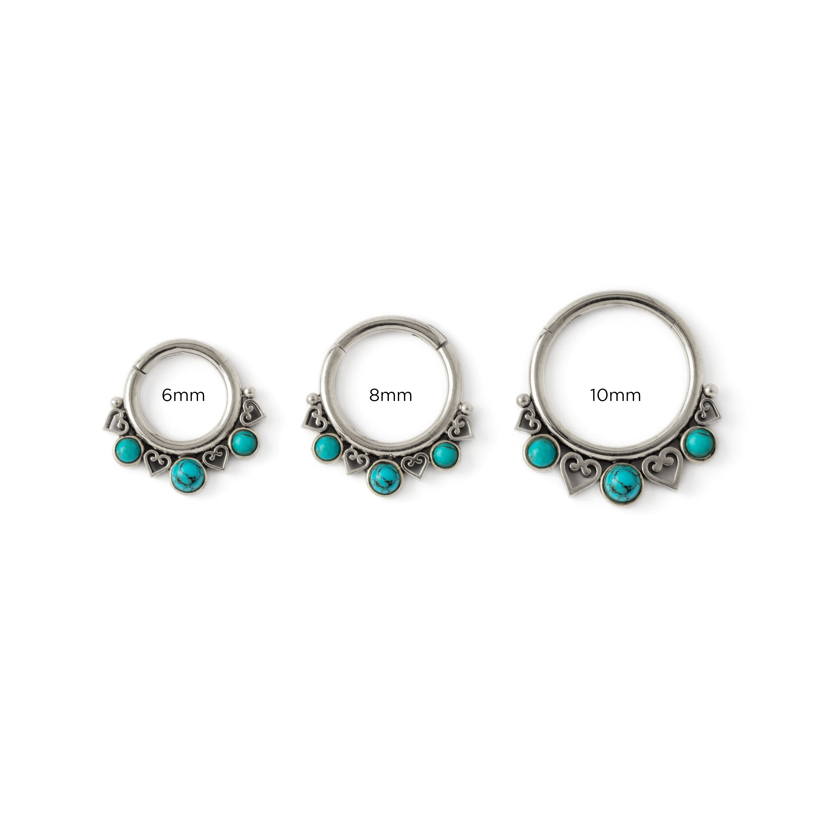 6mm, 8mm, 10mm Neptune surgical steel septum clicker with Turquoise frontal view