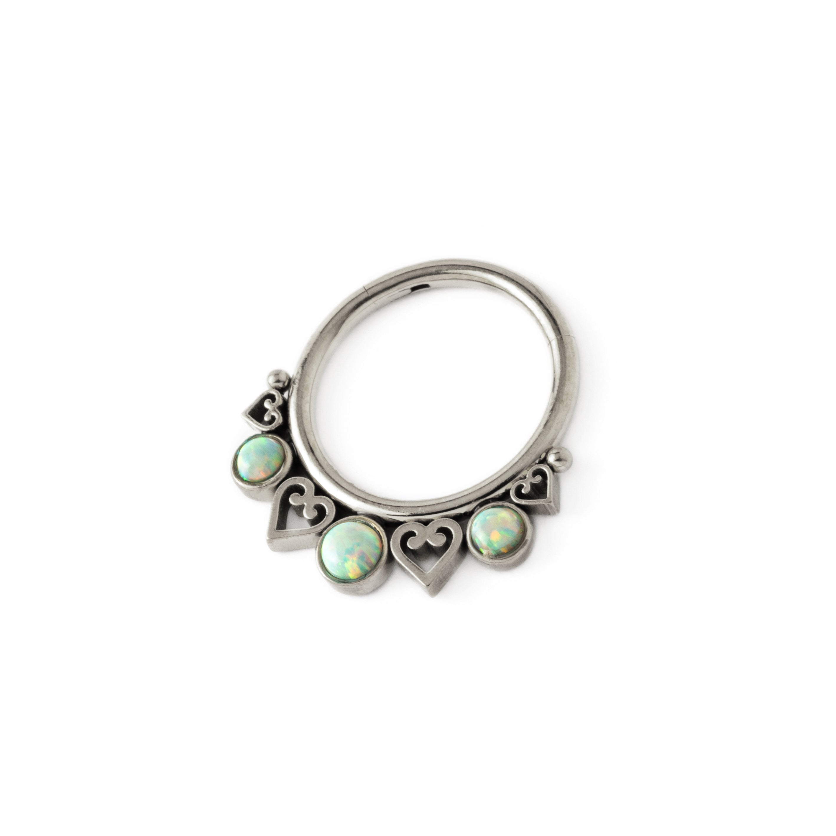Neptune surgical steel septum clicker with white Opal right side view