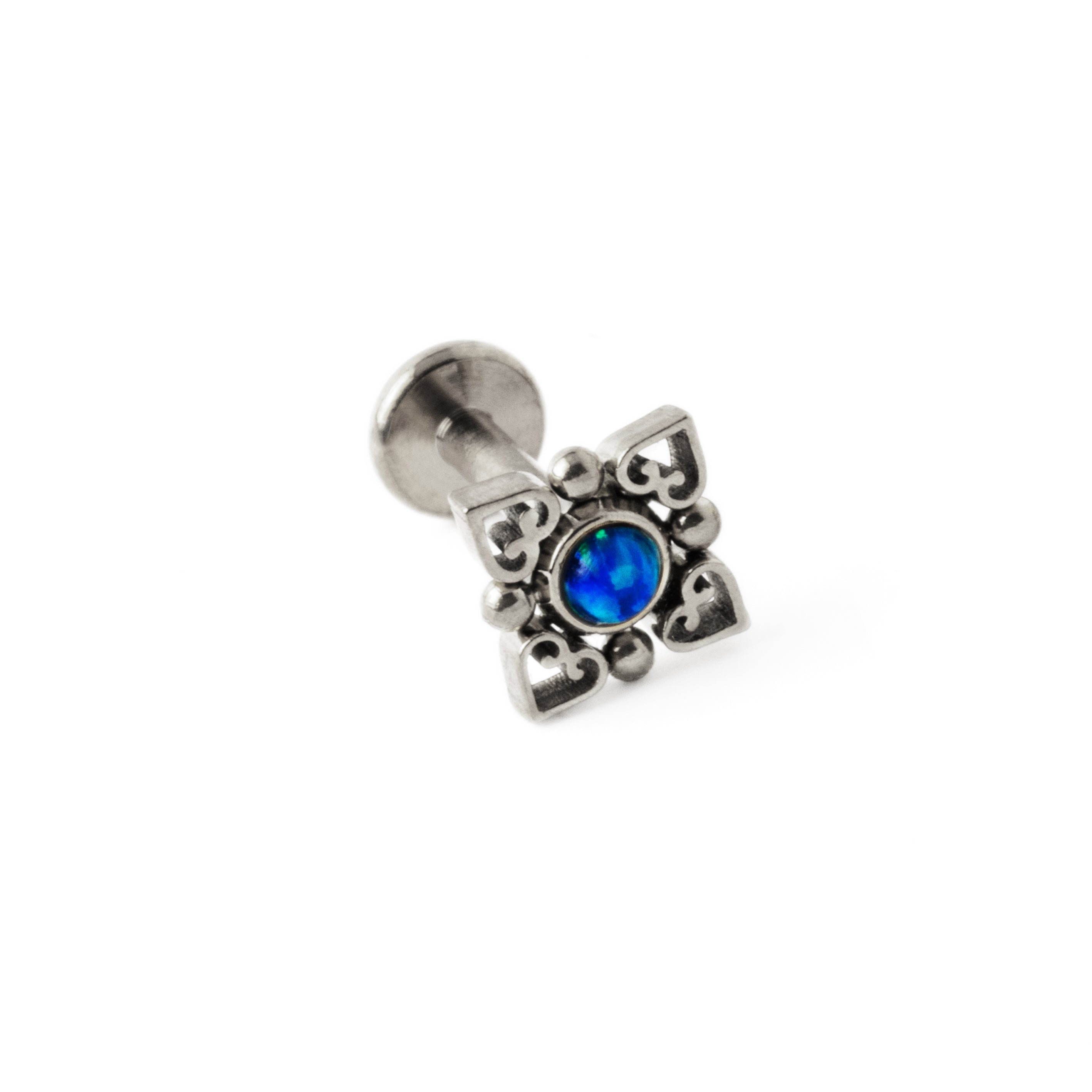 Neptune surgical steel labret with blue Opal right side view