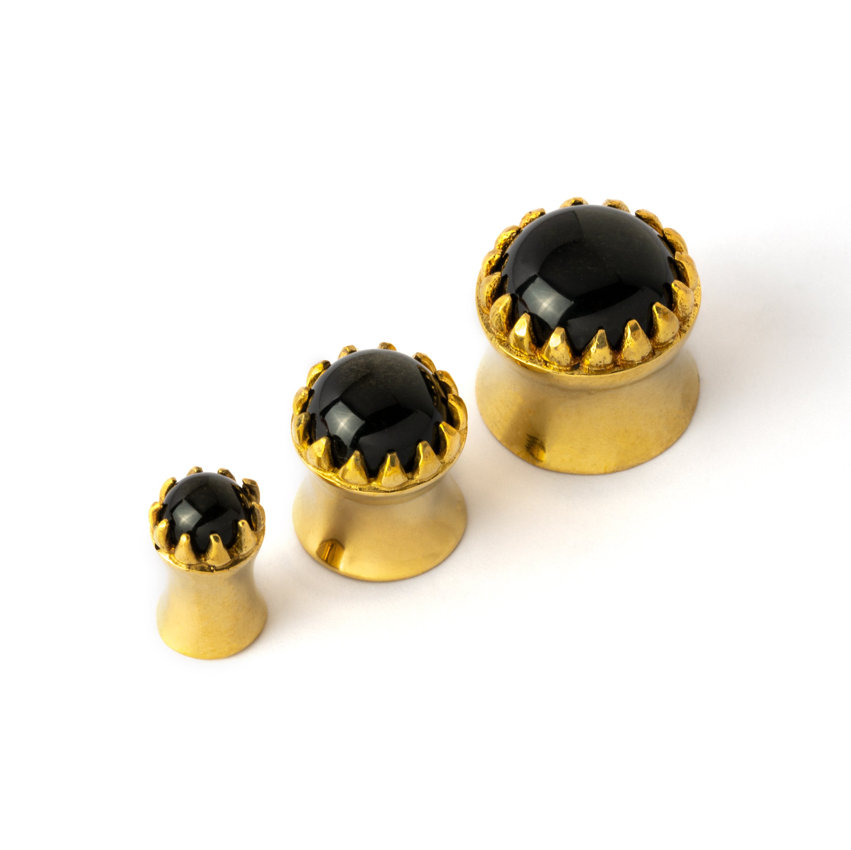 golden ear plug crown shaped with centred black obsidian stone in variety of sizes