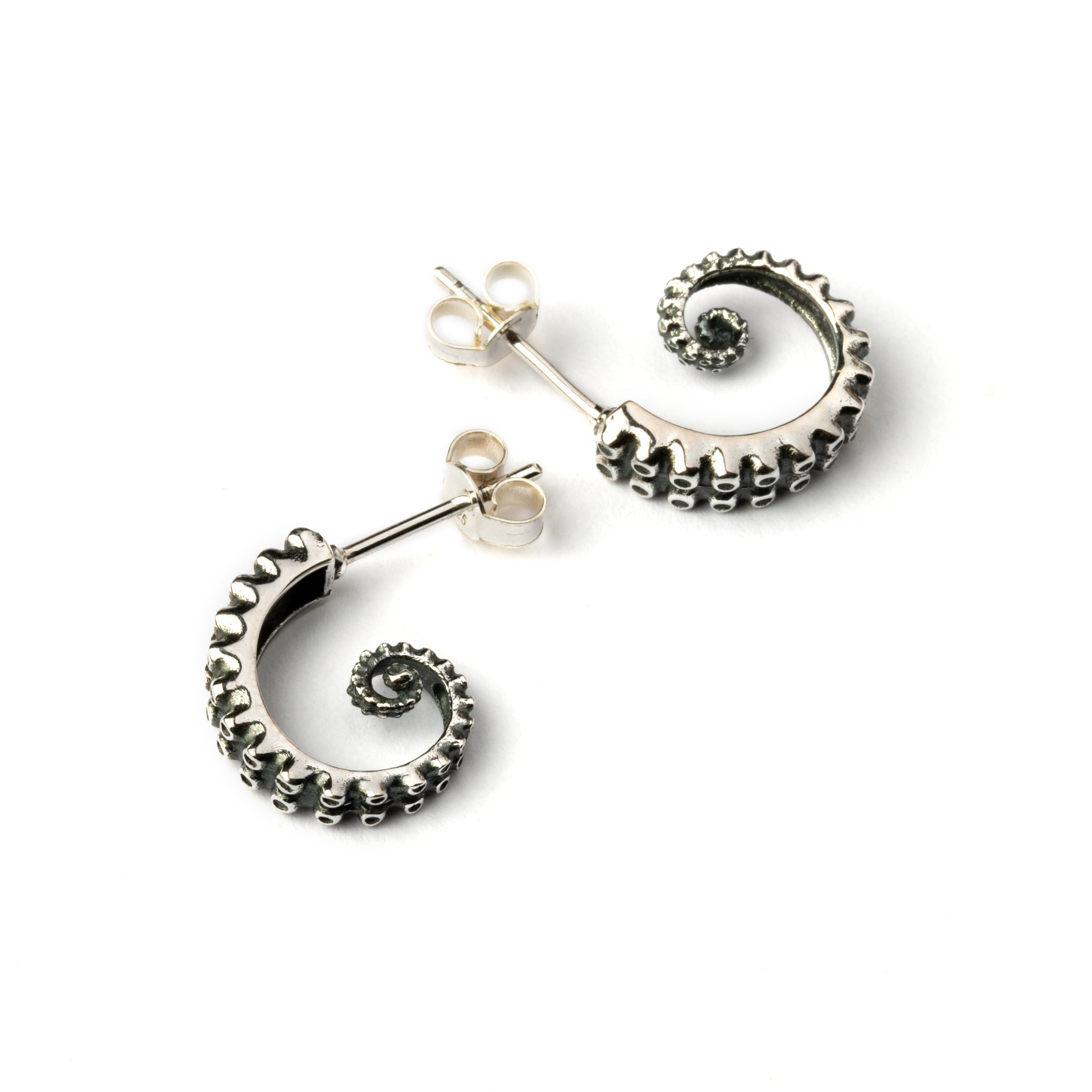 Octopus silver open hoop earrings side view