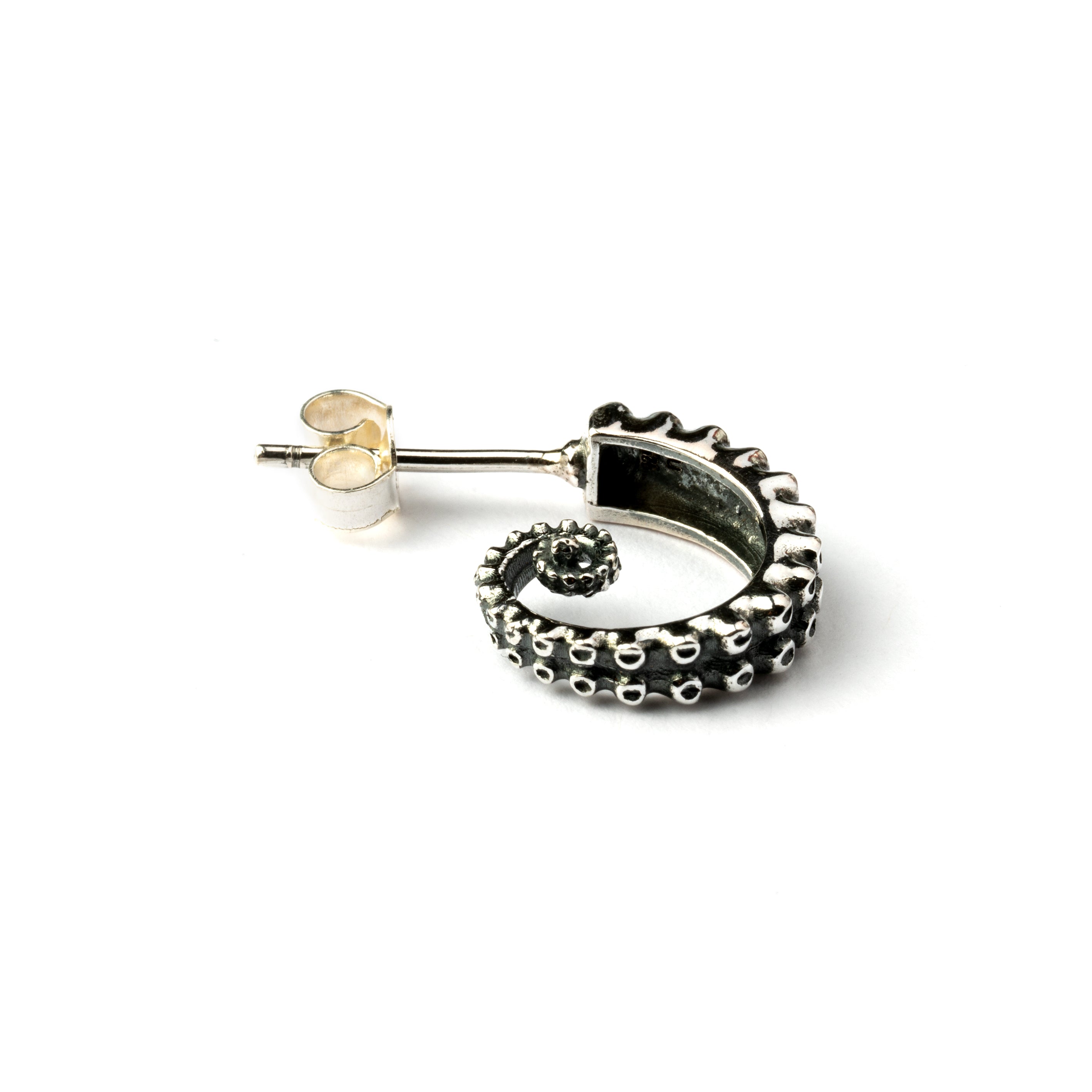 Octopus silver open hoop earrings frontal view